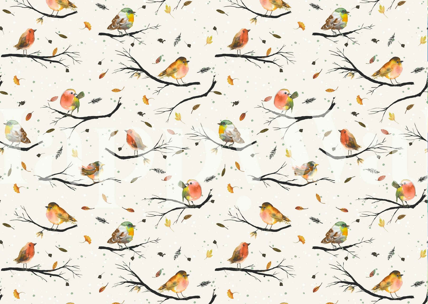 Colorful birds perched on branches with falling leaves wallpaper