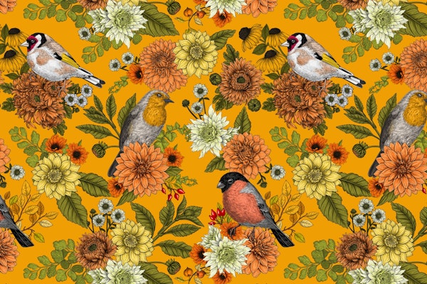 Garden birds and flowers