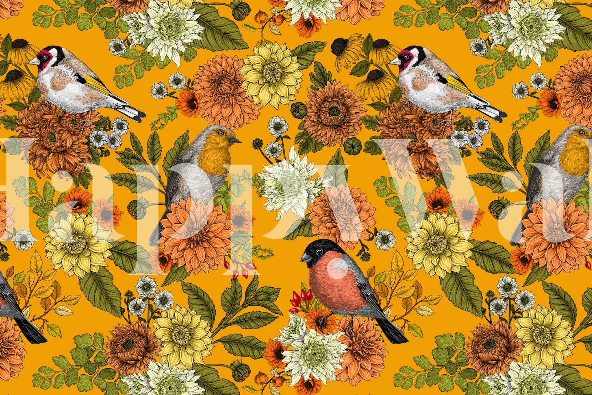 Colorful birds and flowers in orange and green floral wallpaper