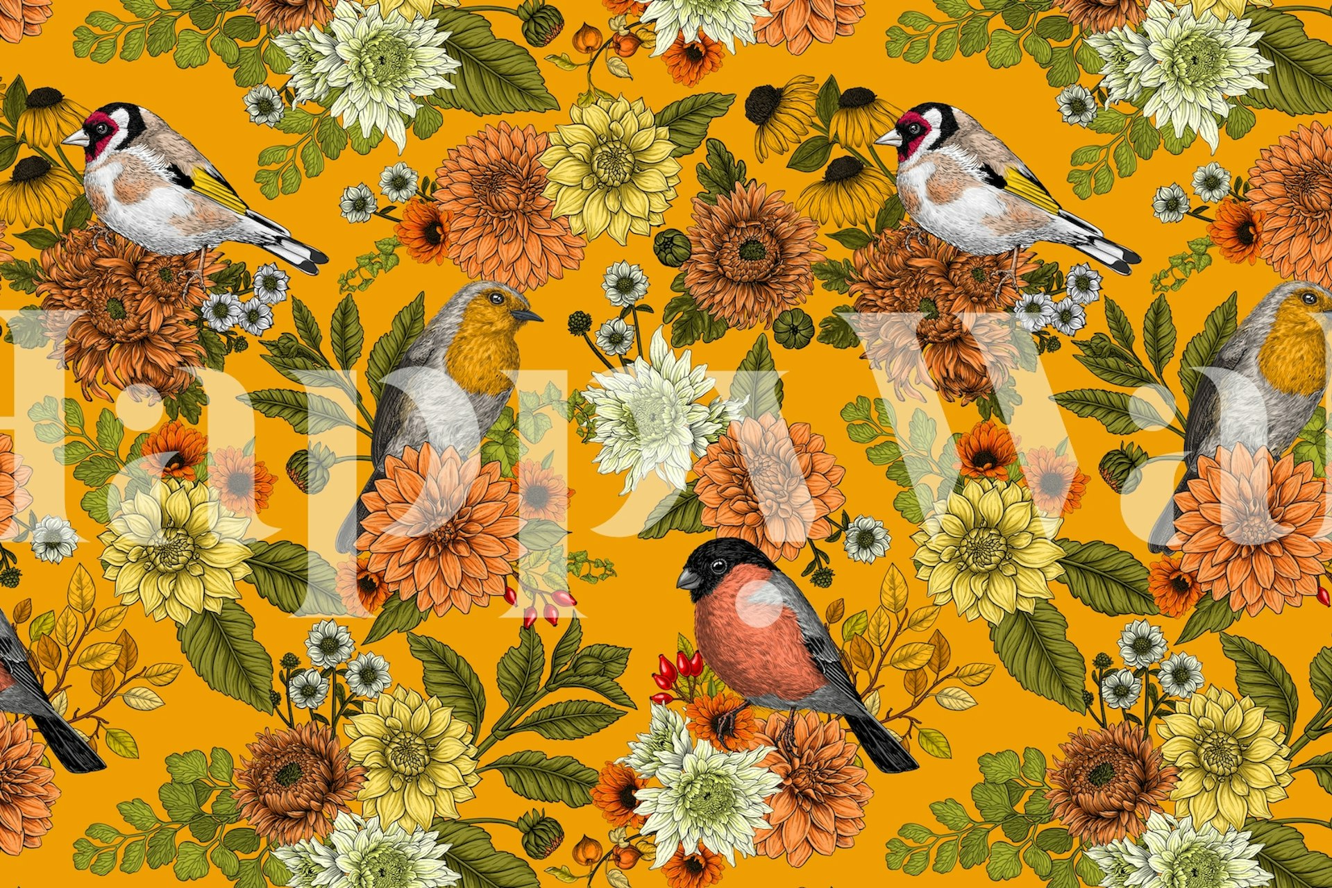 Kolorowa fototapeta przedstawiająca ptaki ogrodowe i kwiaty na ciepłym tle