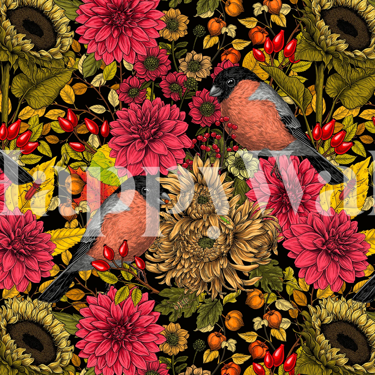 Colorful floral patterns with birds on black background wallpaper