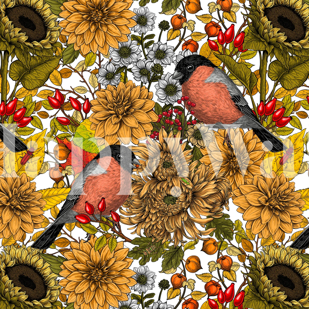 Wall mural with sunflowers, marigolds, and birds representing autumn garden scenery