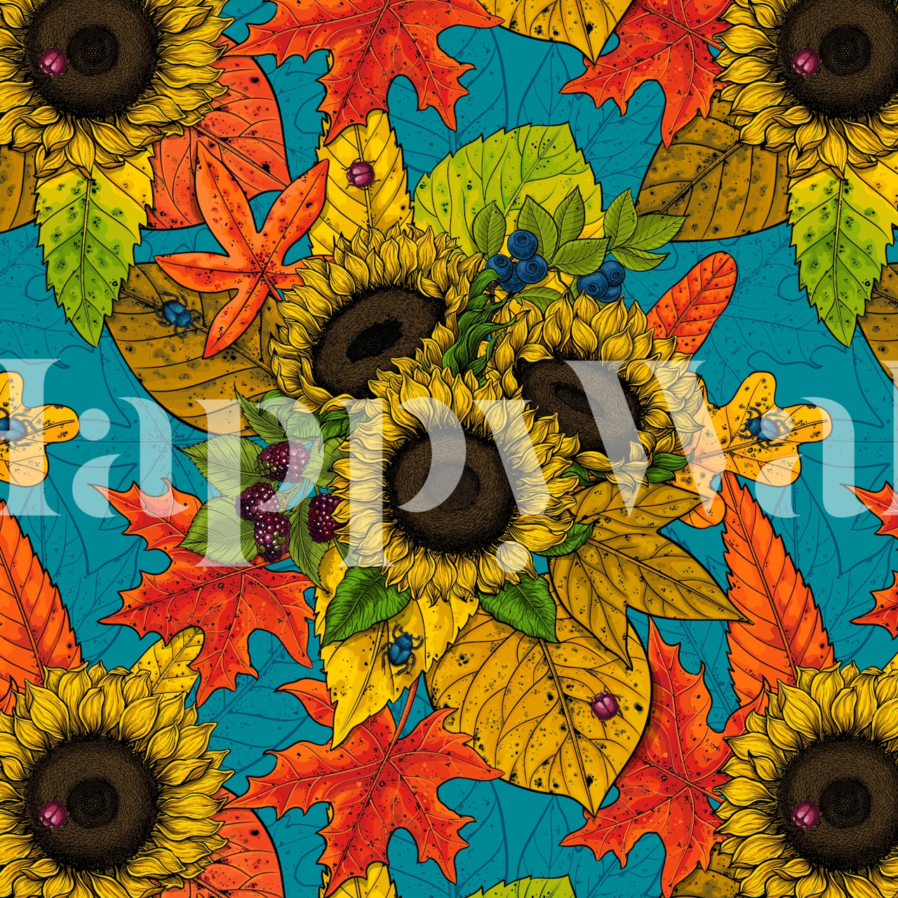 Autumn bouquet wallpaper mit Sonnenblumen und Blättern.