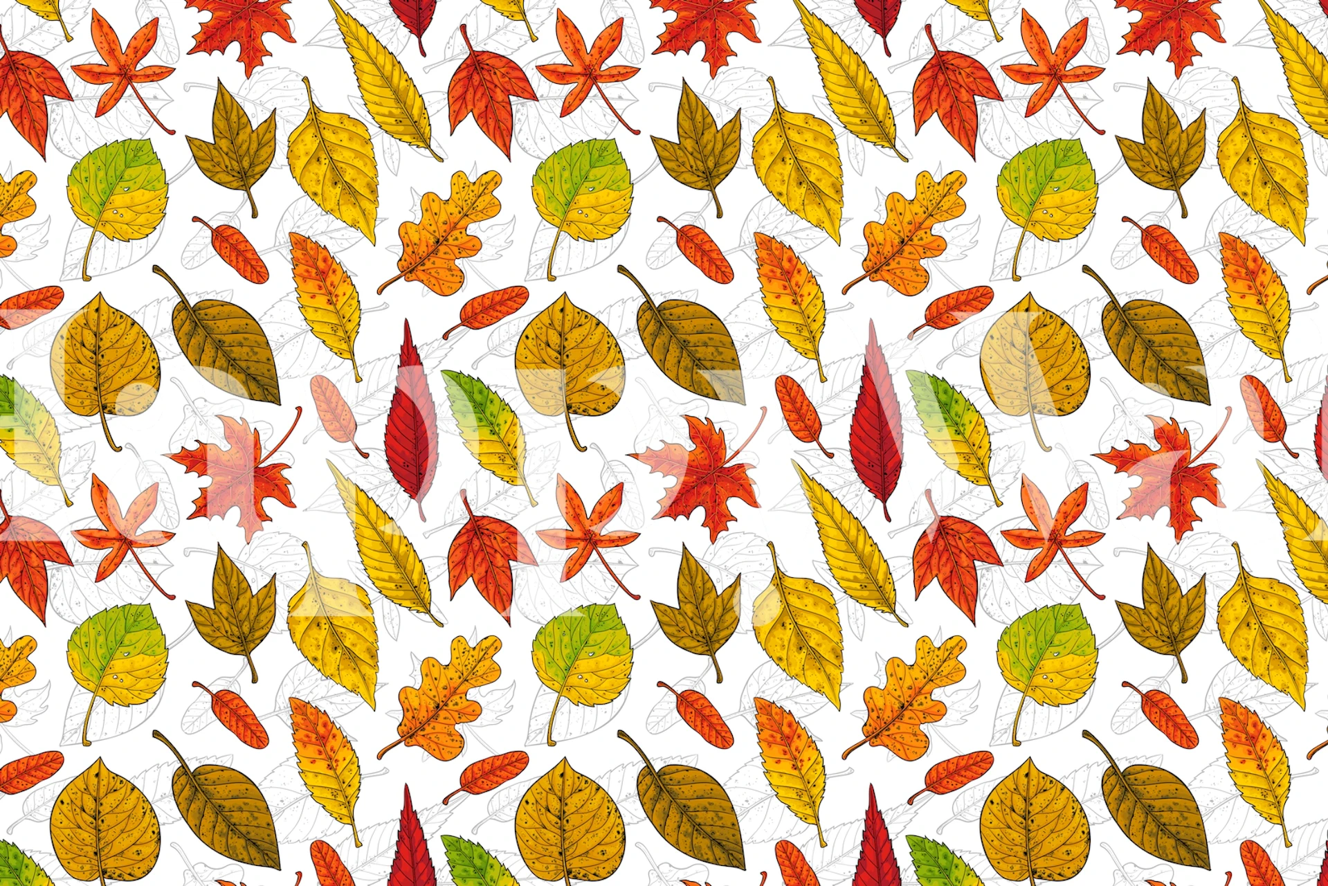 Colorful autumn leaves wall mural on a white background