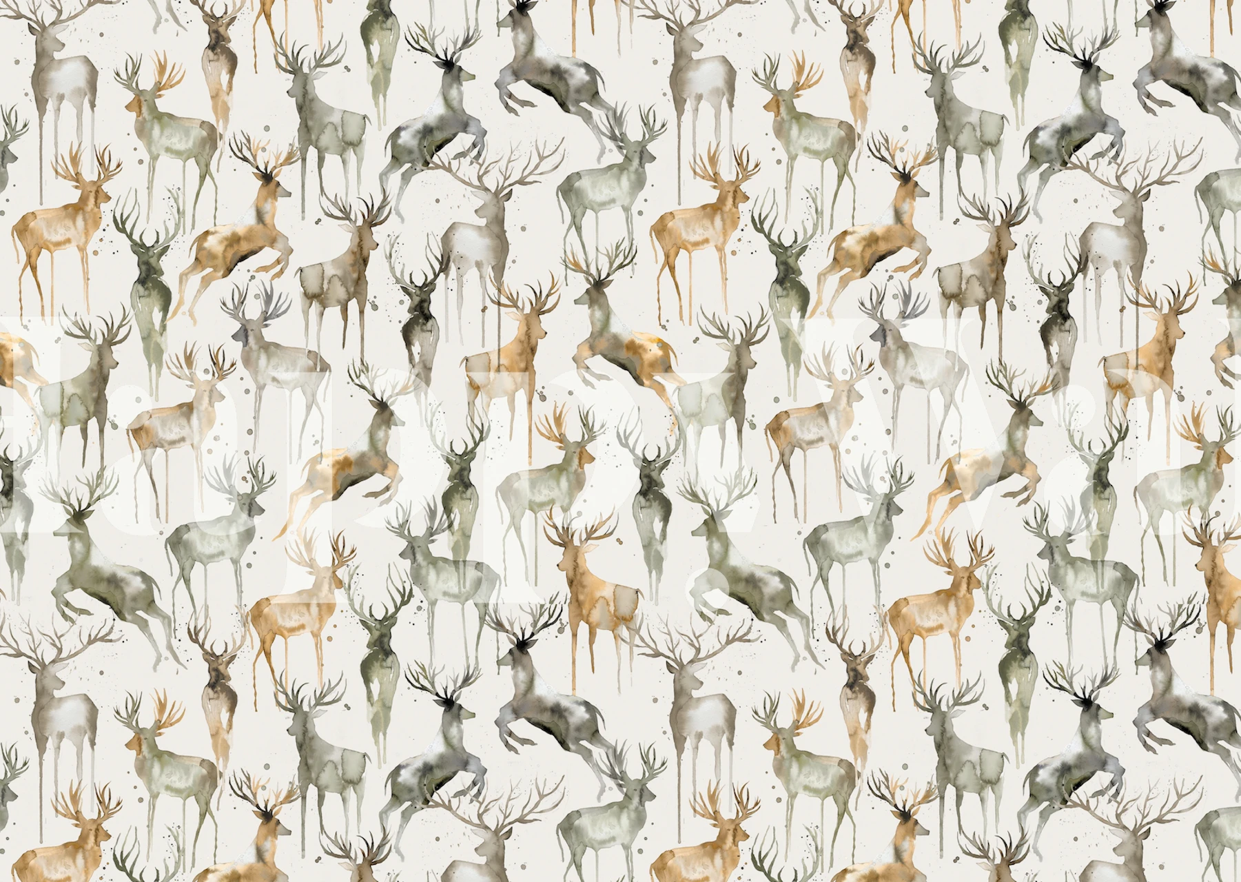 Watercolor design featuring various deer in earthy tones wallpaper