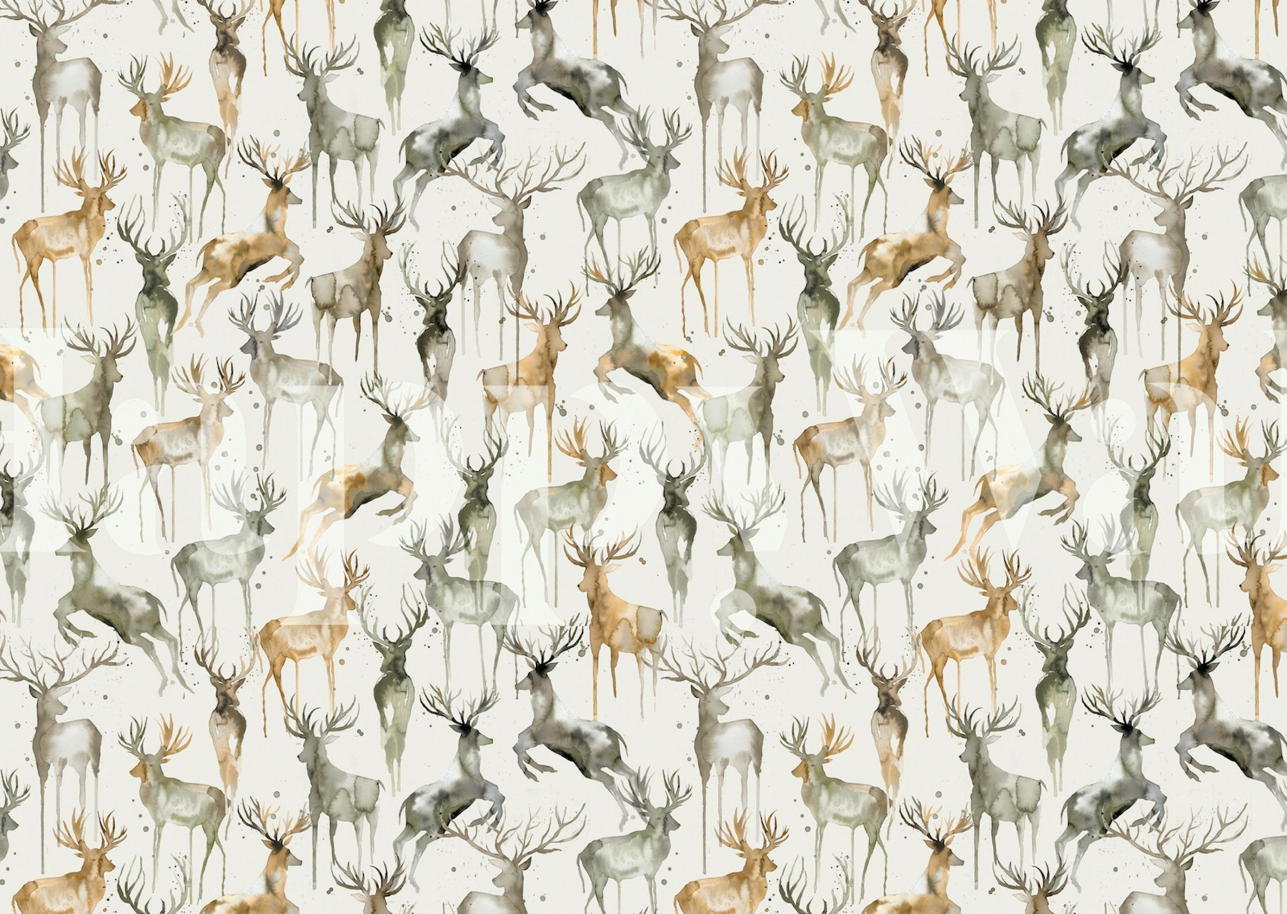 Watercolor design featuring various deer in earthy tones wallpaper