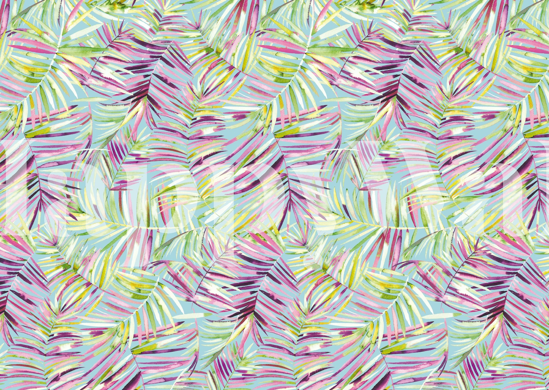 Pastelkleurige tropische palmbladeren muurschildering voor een rustgevend interieur