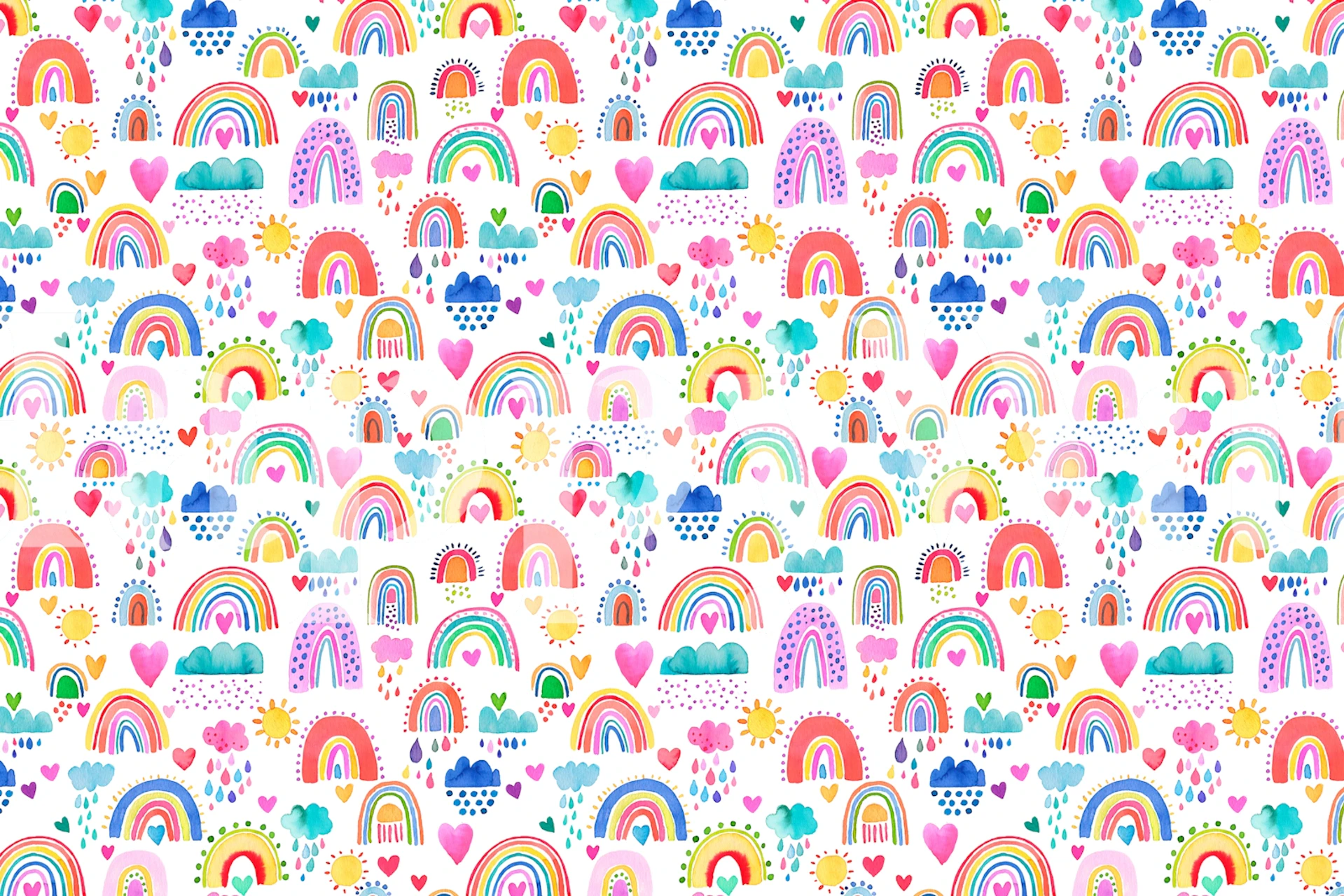 Colorful rainbows, hearts, and clouds on white wallpaper