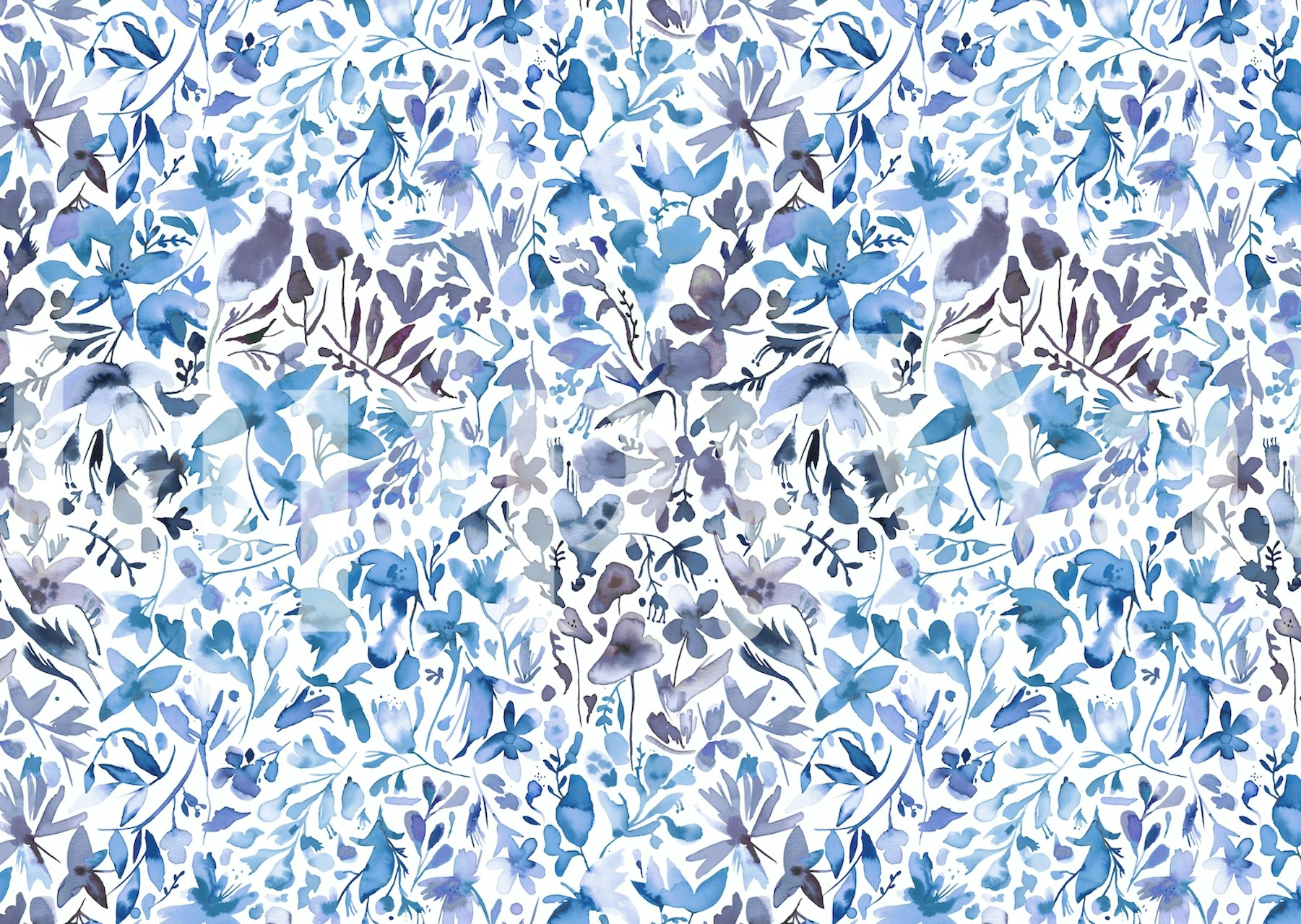 Blue floral design with ivy and flower patterns on white background wallpaper