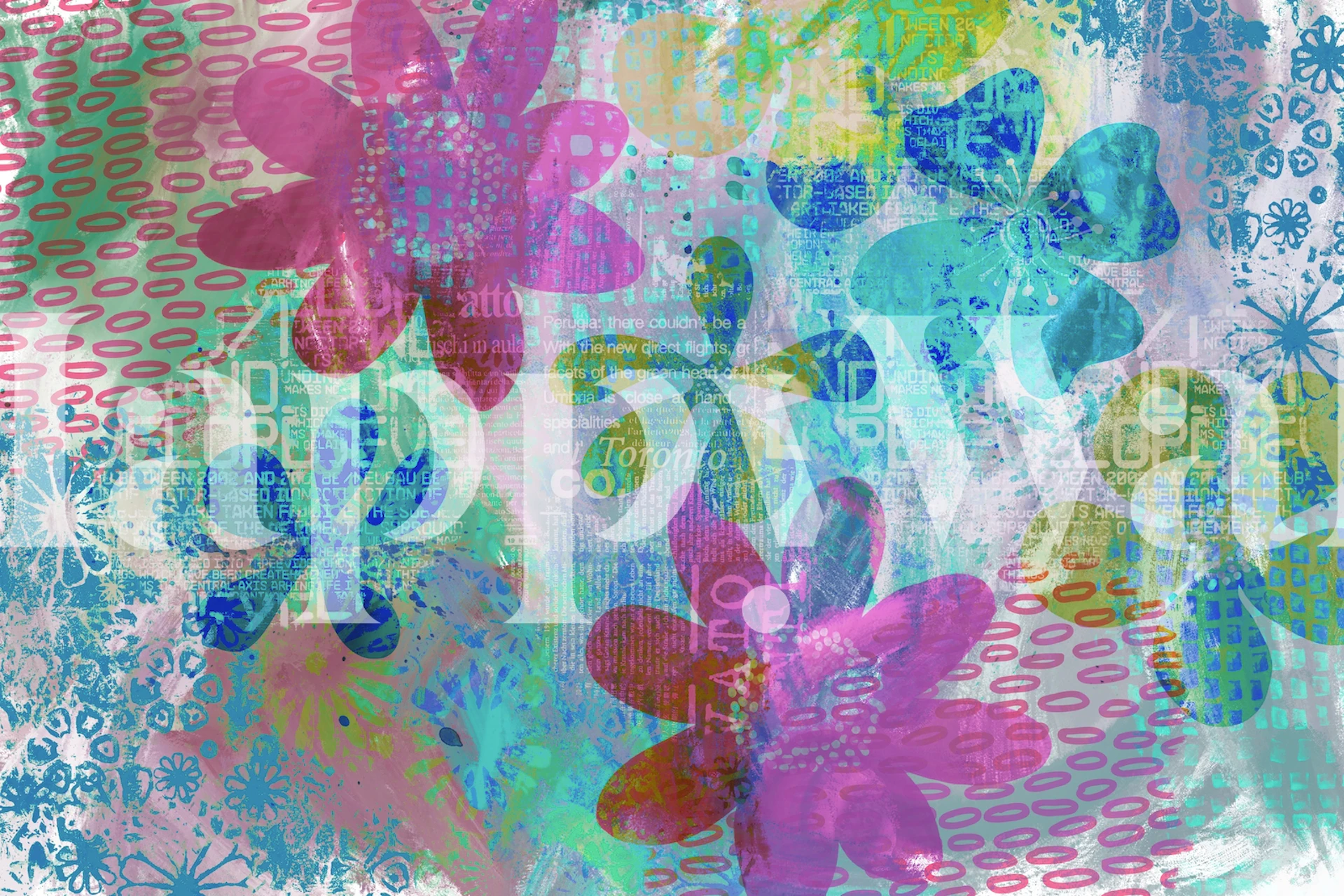Colorful pink and blue flowers with abstract patterns wallpaper