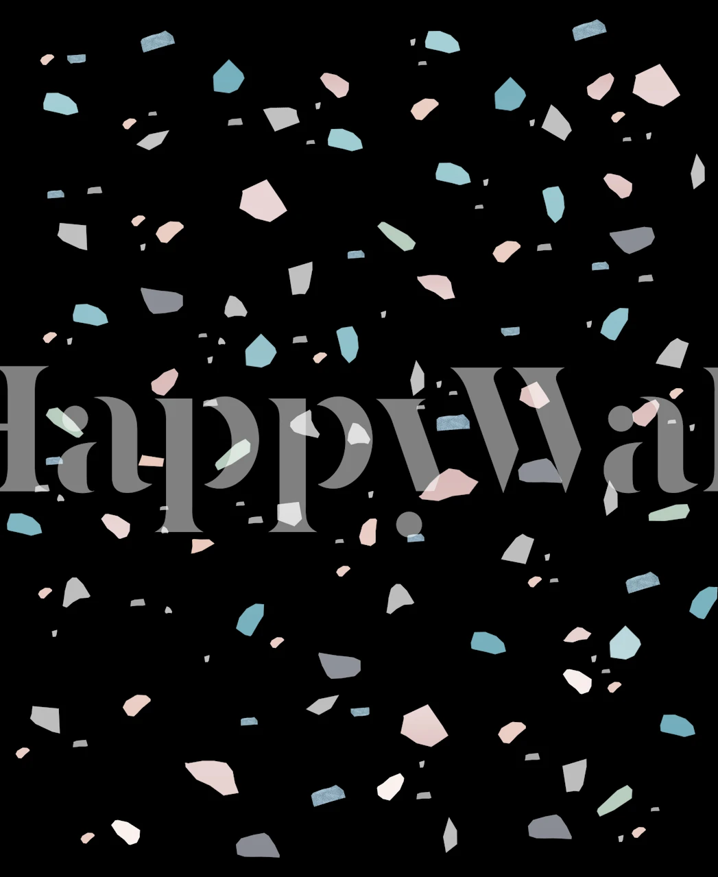 Colorful terrazzo pattern with pink, blue, and gray shapes on black wallpaper