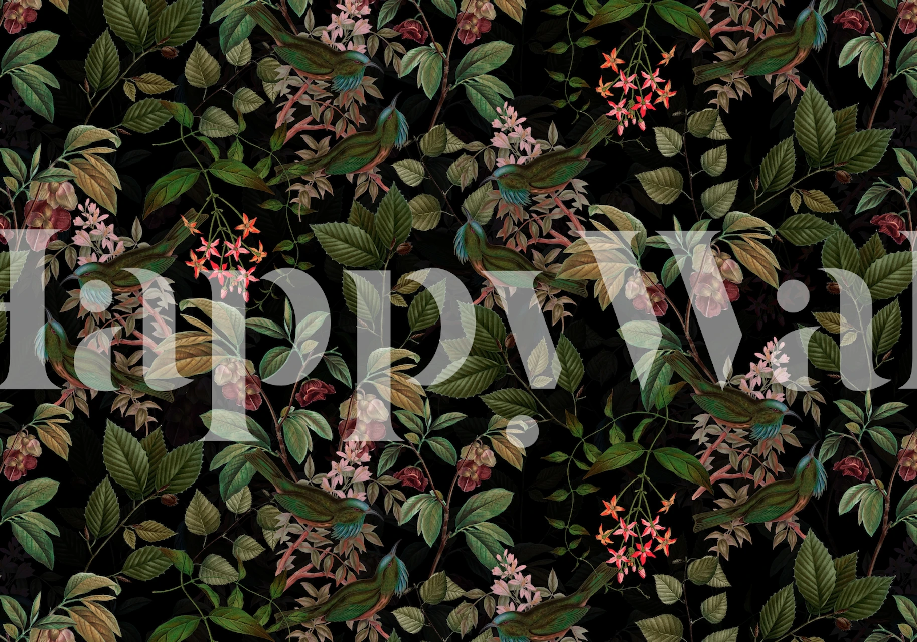 Exotiska fåglar och tropiska växter på en mörk fondtapet