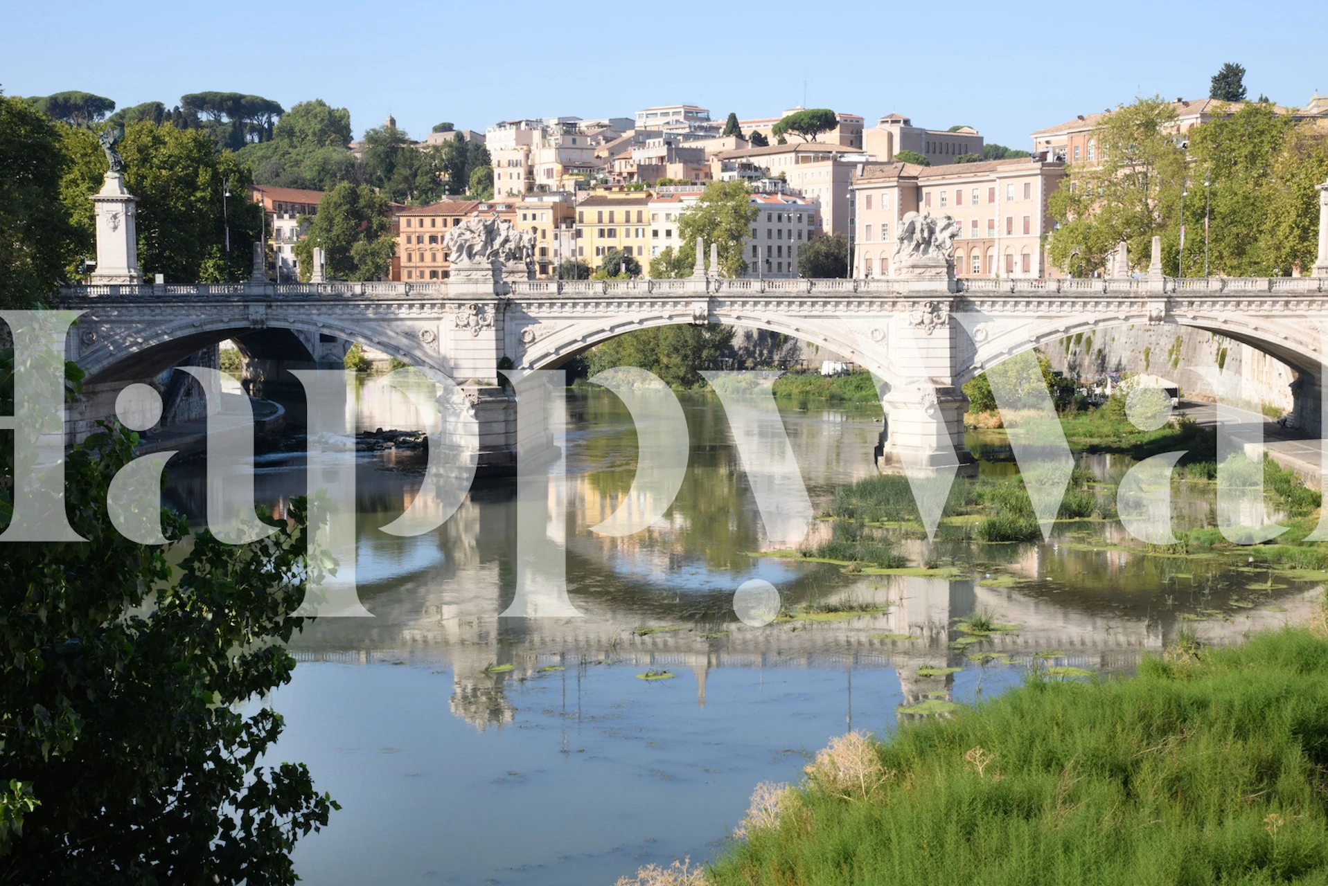 Tiber River landscape with bridge and colorful buildings wallpaper