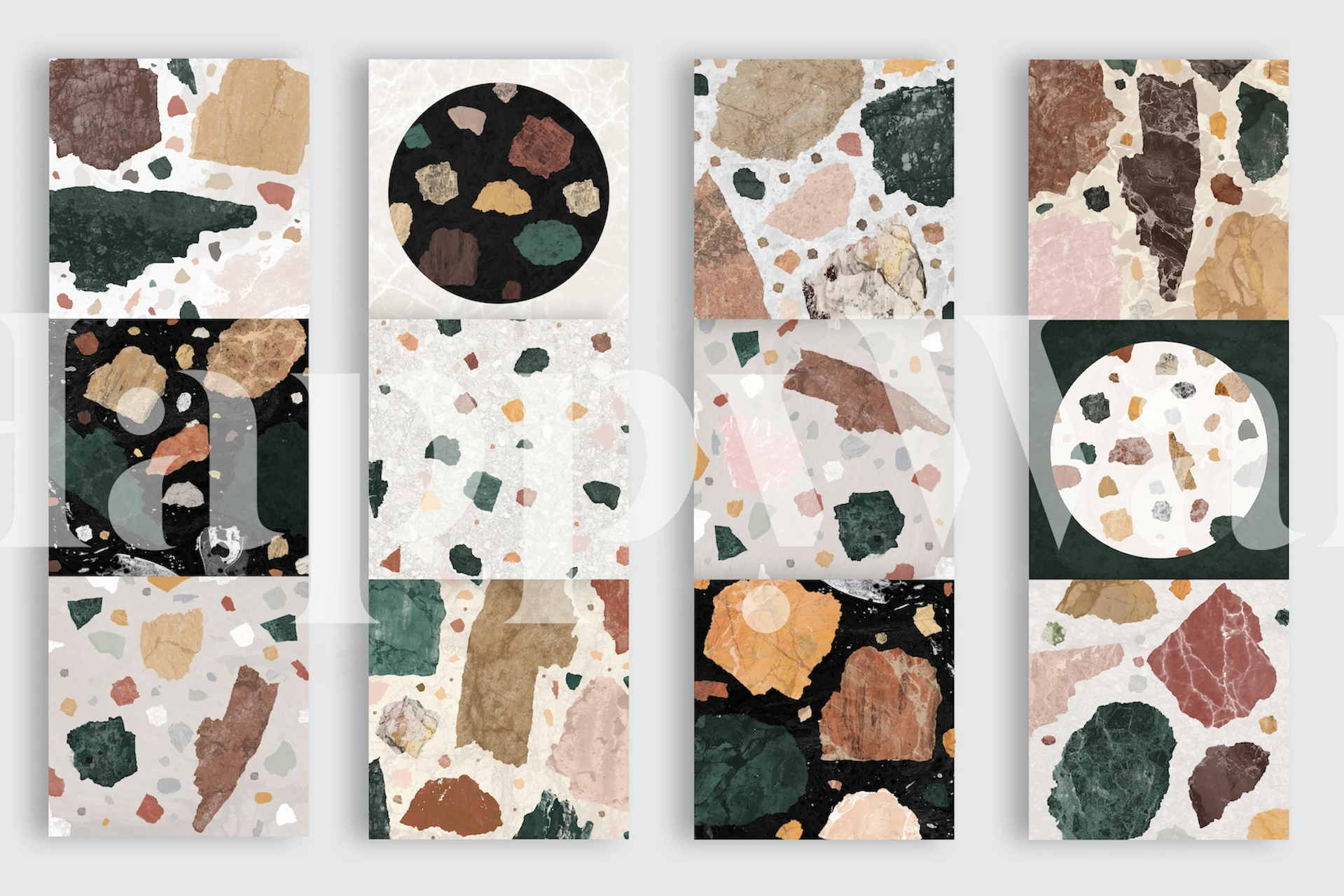Colorful terrazzo pattern in earthy tones on wallpaper