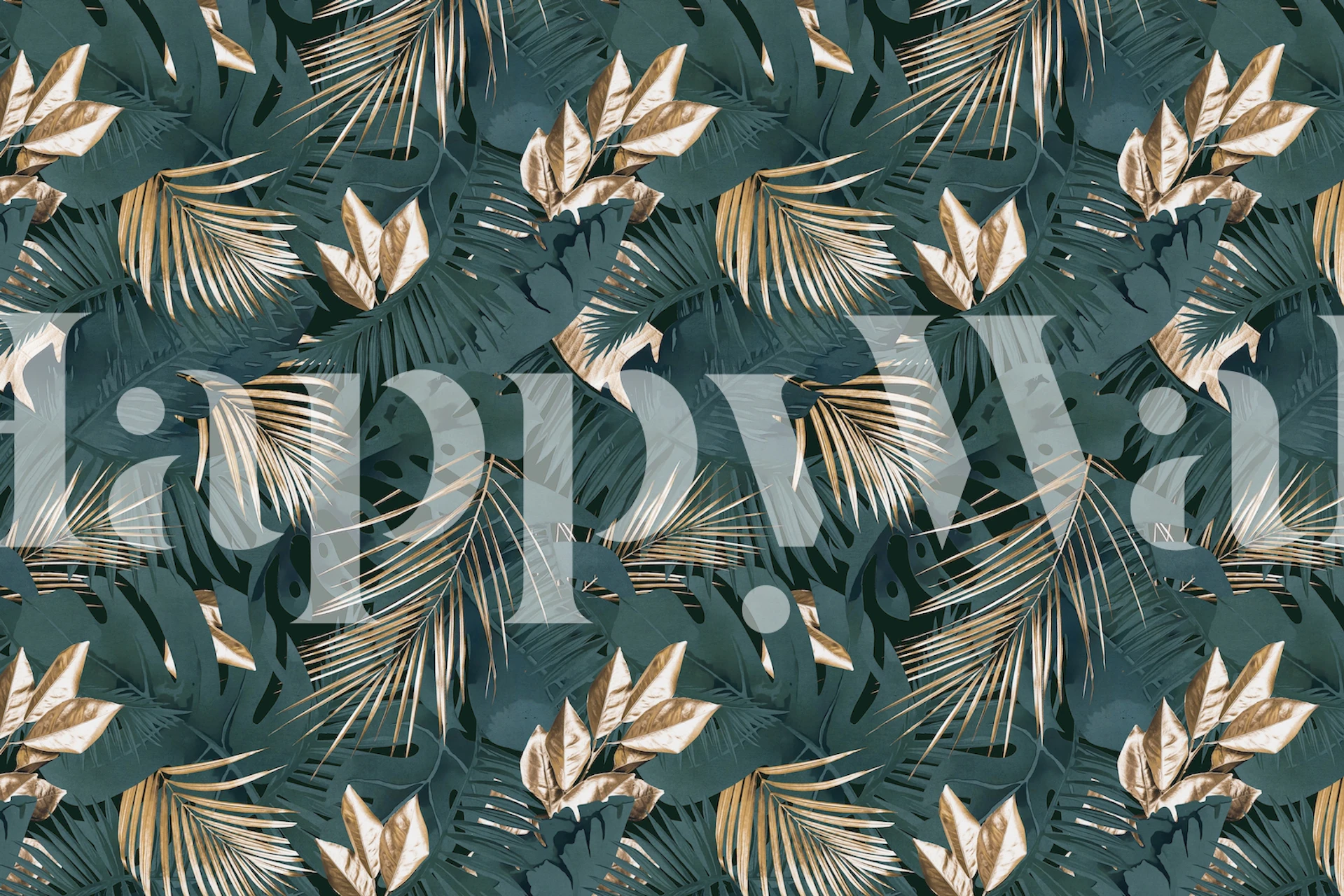 Dark-toned wall mural of jungle palm leaves in a rich glamour style