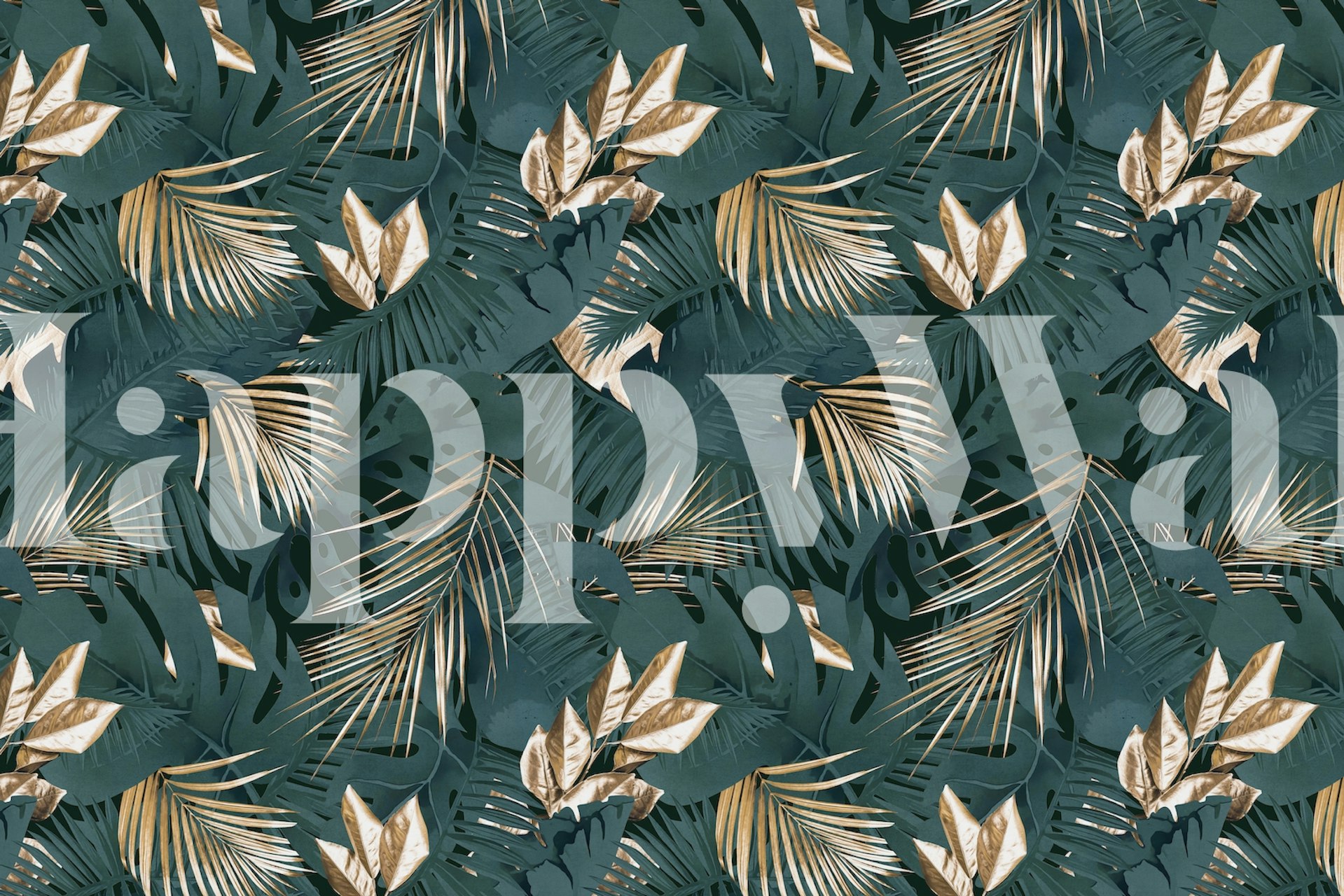 Mural de pared en tonos oscuros con hojas de palmeras de la jungla en un estilo rico y glamuroso