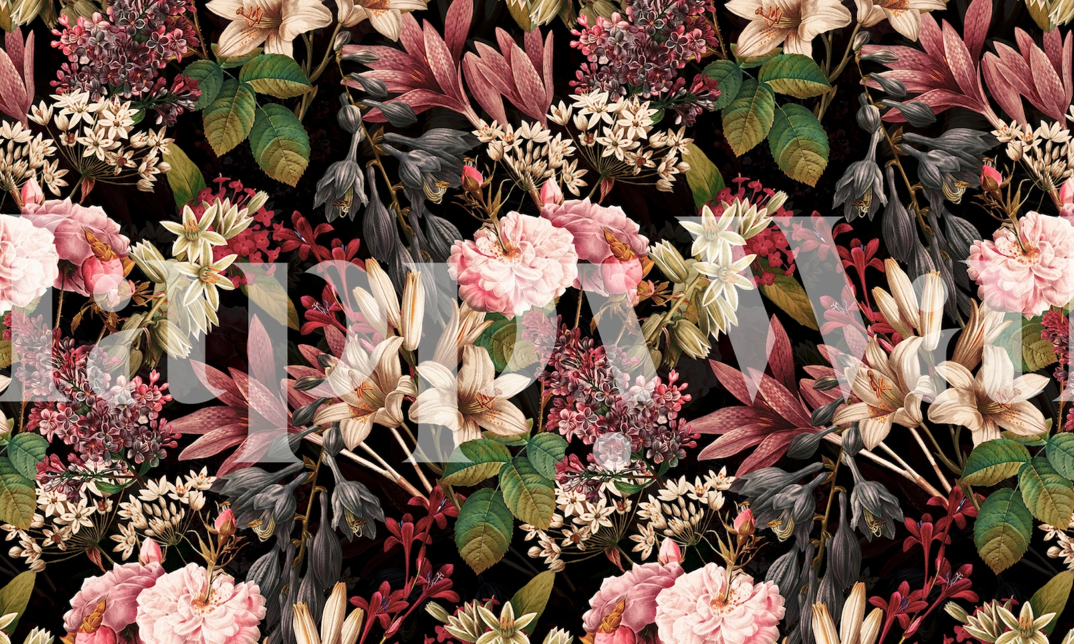 Floral elements in pink and cream with green leaves on a black background wallpaper