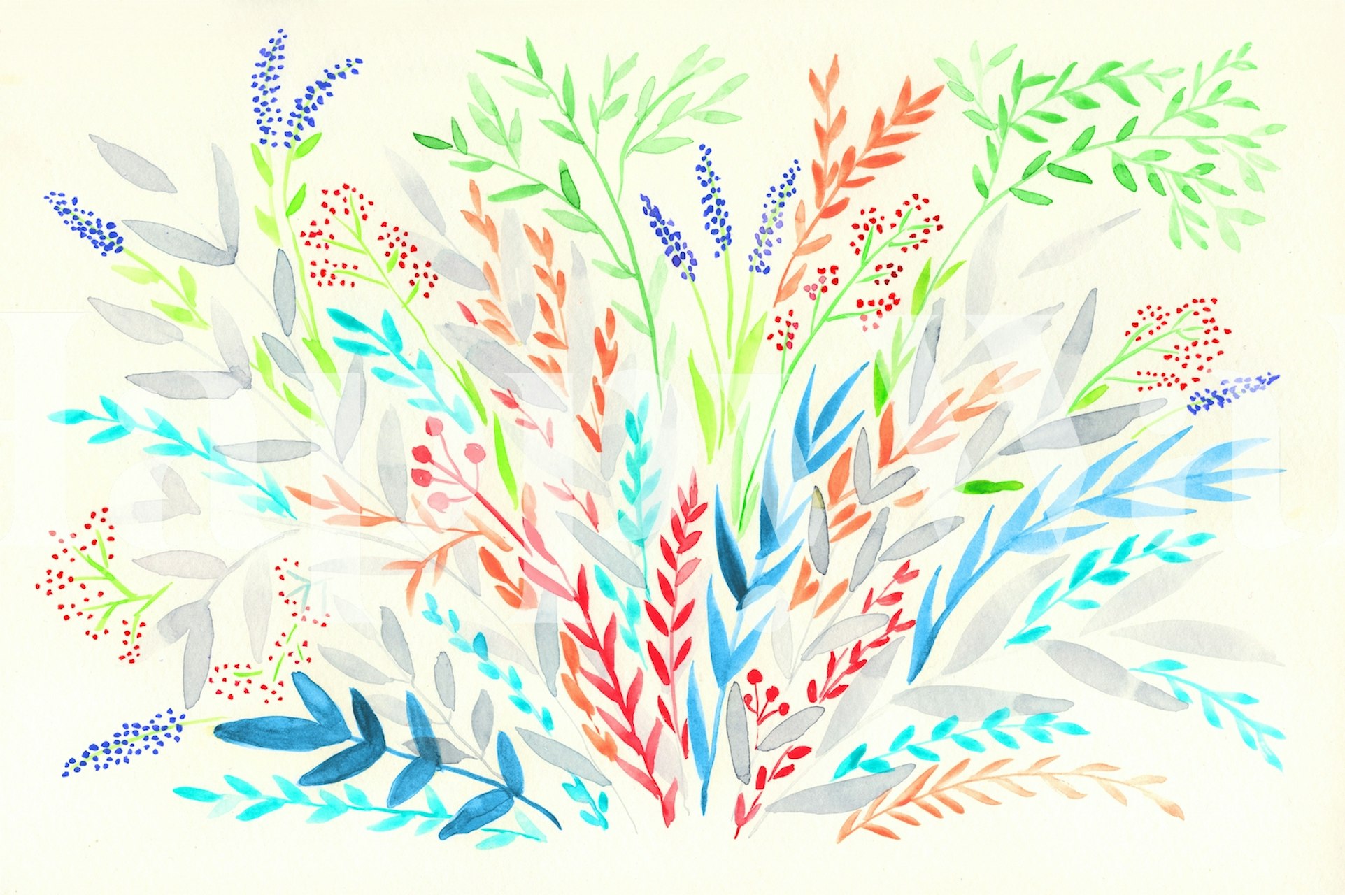Colorful watercolor leaves in varying shades of green, blue, and red wallpaper