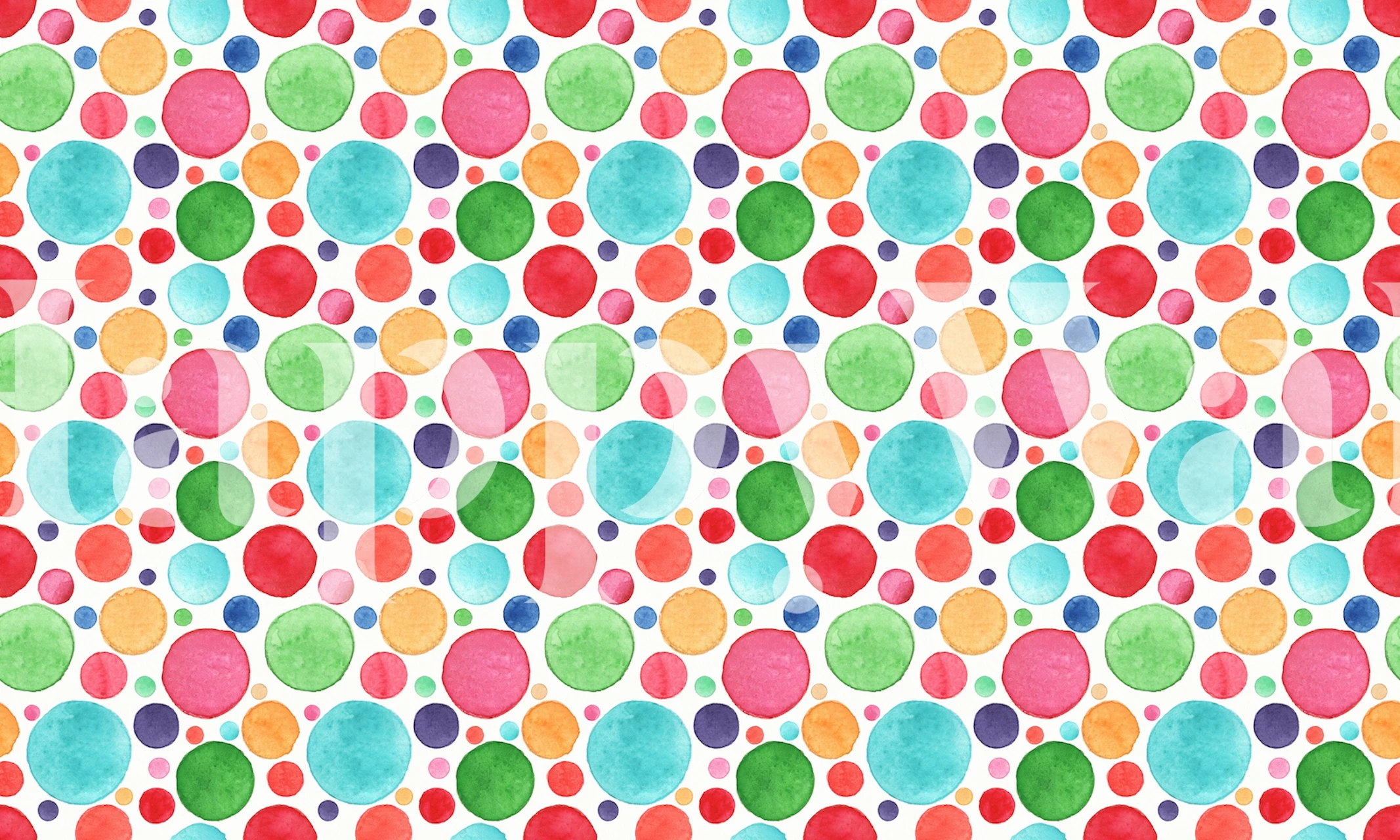 Colorful watercolor dots in red, green, blue and yellow on a white background wallpaper