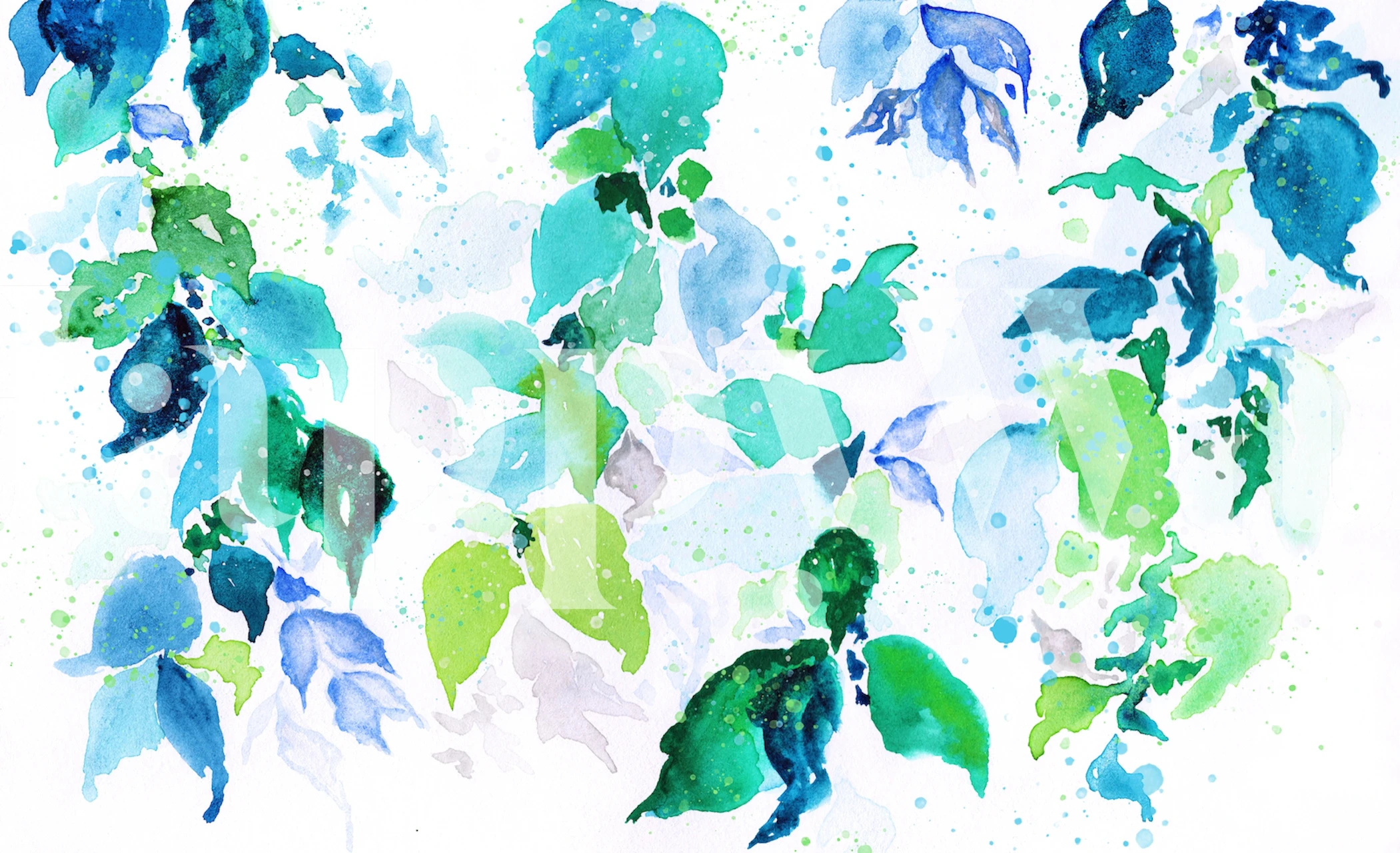 Watercolor blue and green leaf patterns on a wall mural