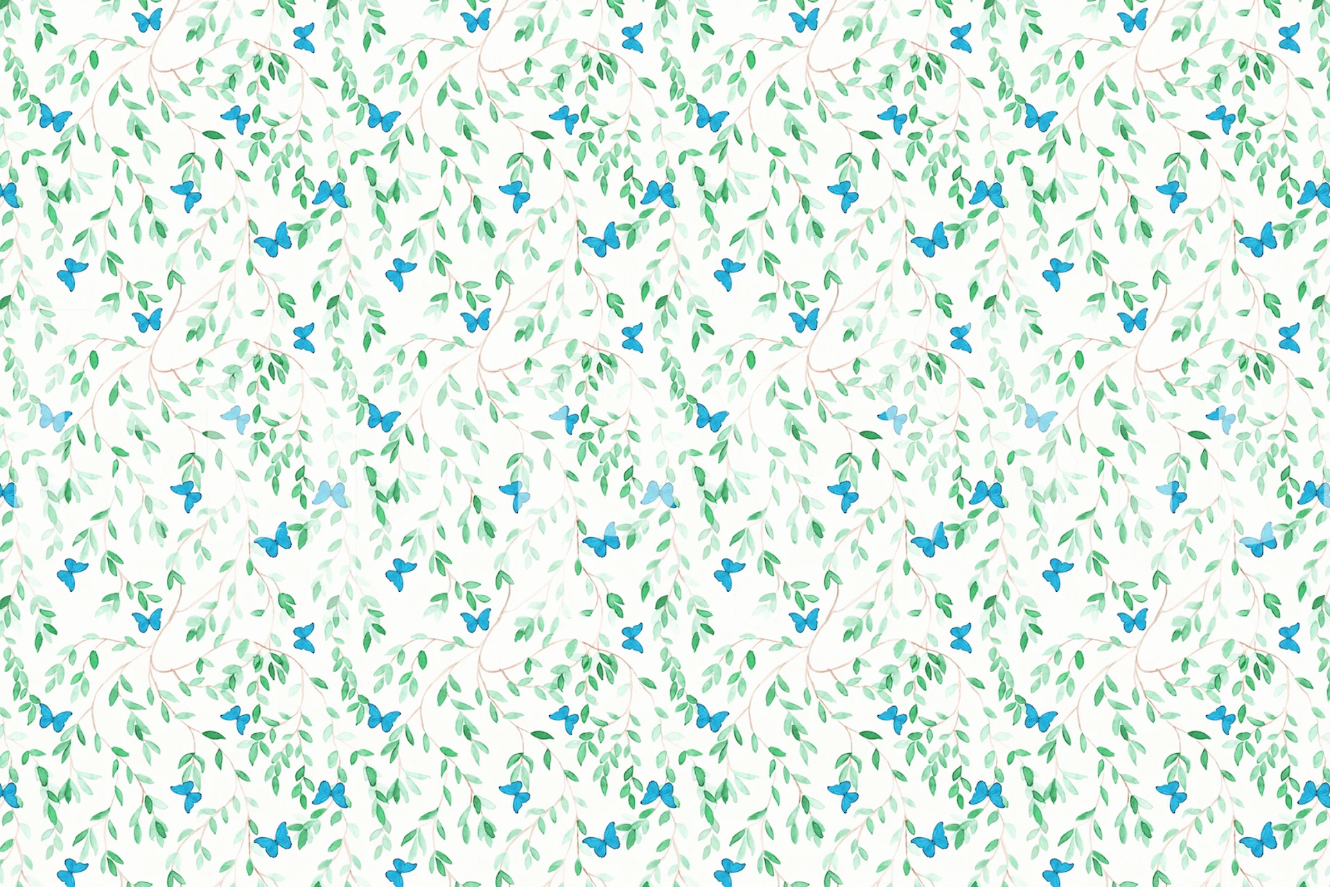 Watercolor butterflies and leafy branches in blue and green wallpaper