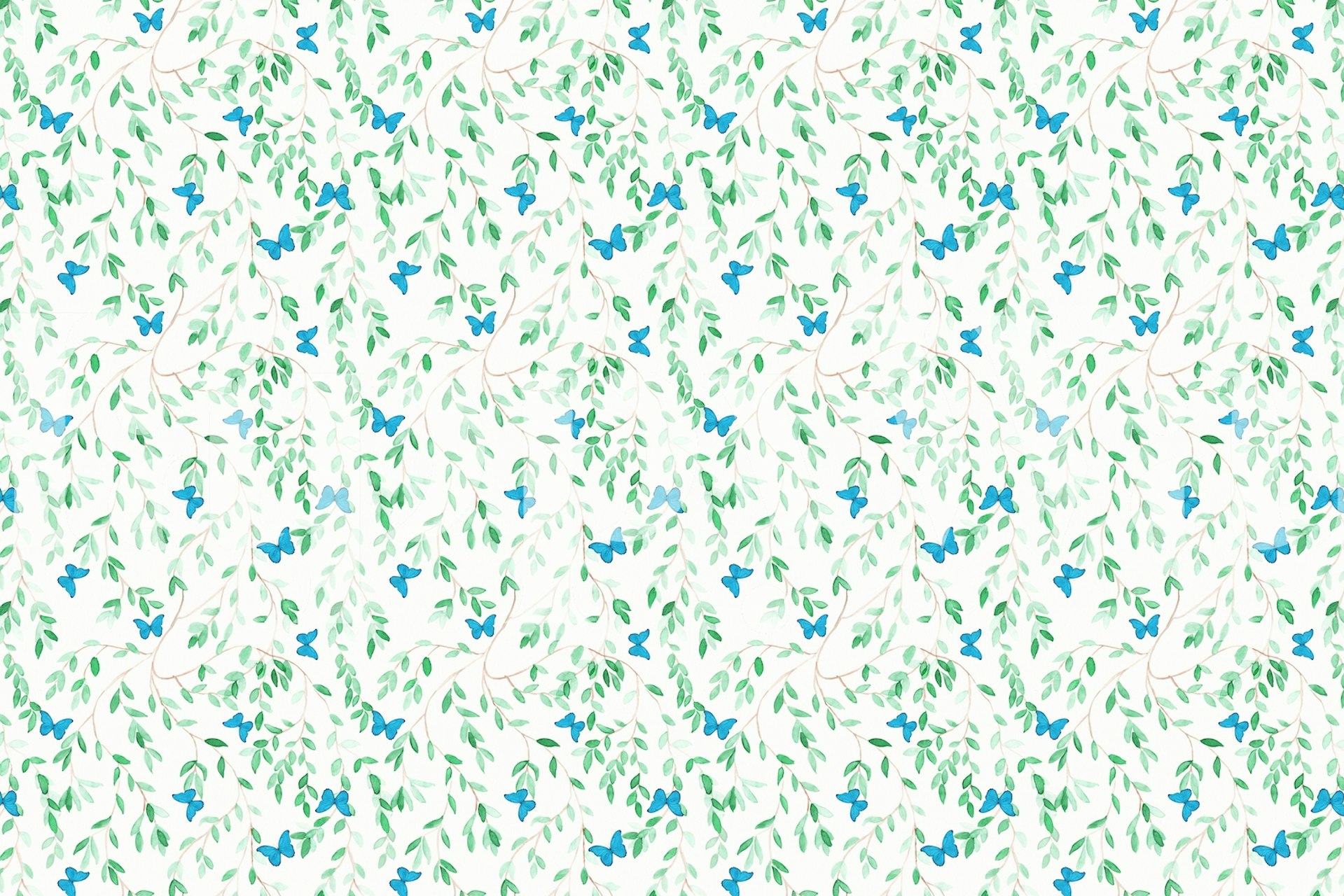 Watercolor butterflies and leafy branches in blue and green wallpaper