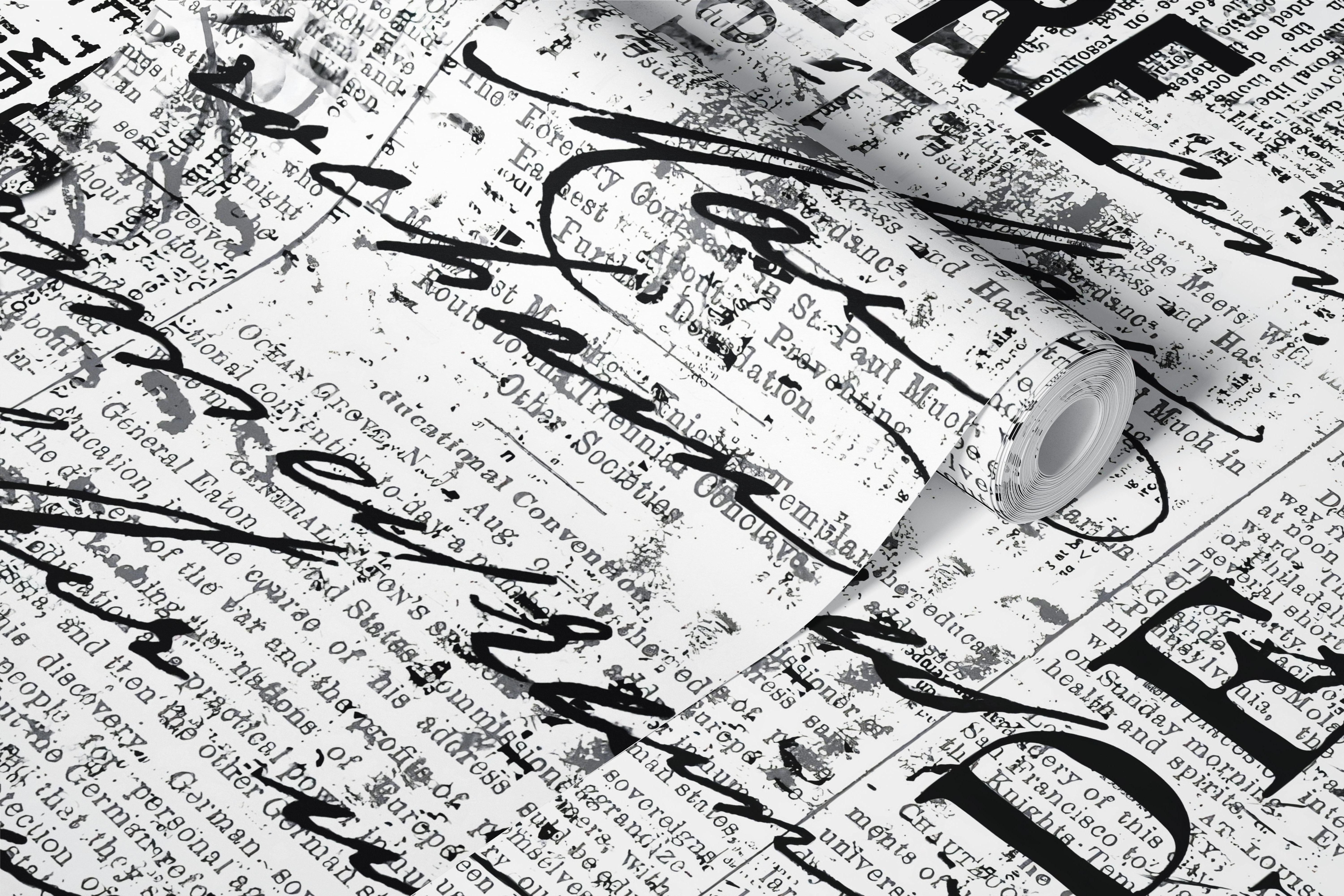 Black and white grunge text wallpaper in a room