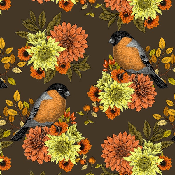 Bullfinch on autumn florals