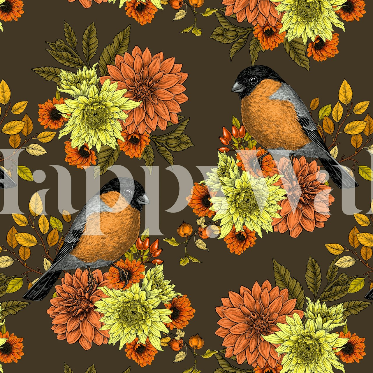 Bullfinch birds and autumn flowers in earthy tones wallpaper