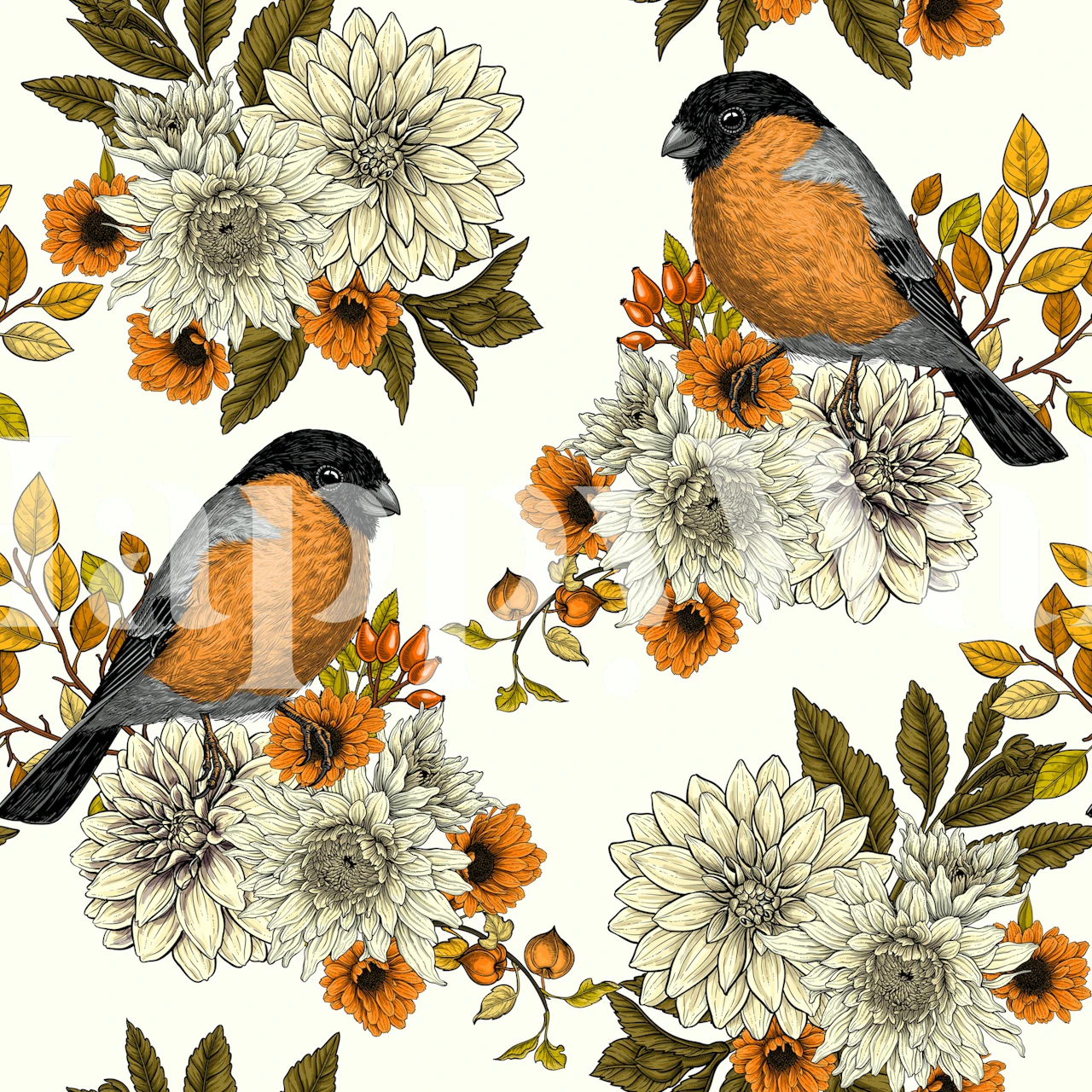 Bullfinch wallpaper with autumn flowers