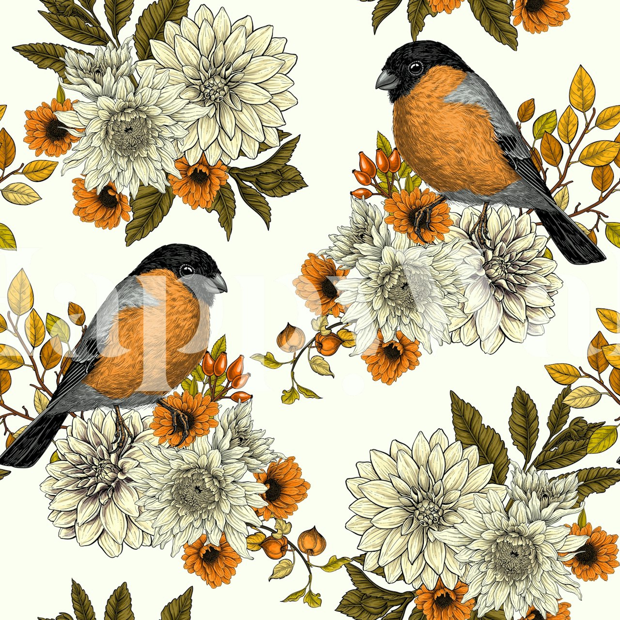 Bullfinch wallpaper with autumn flowers
