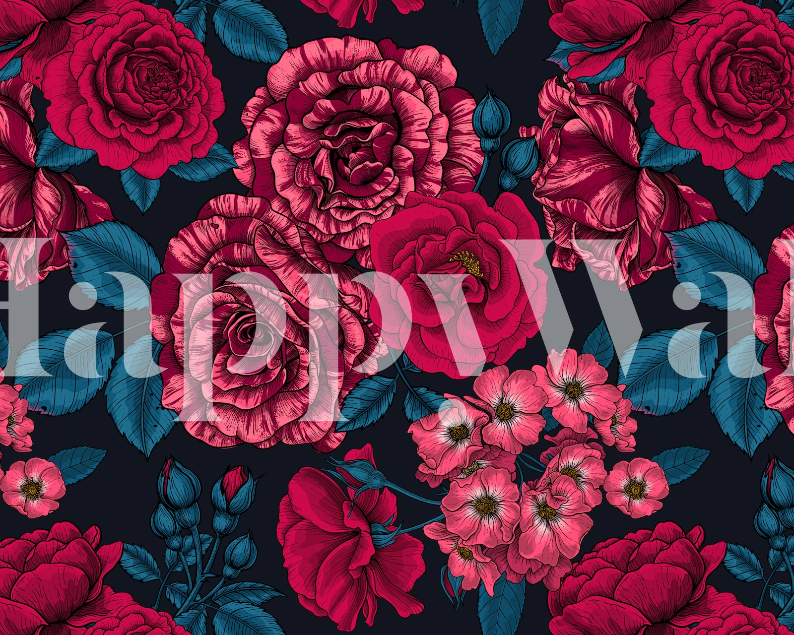 Carta da parati Roses Mix 3 con fiori rossi e rosa su sfondo scuro