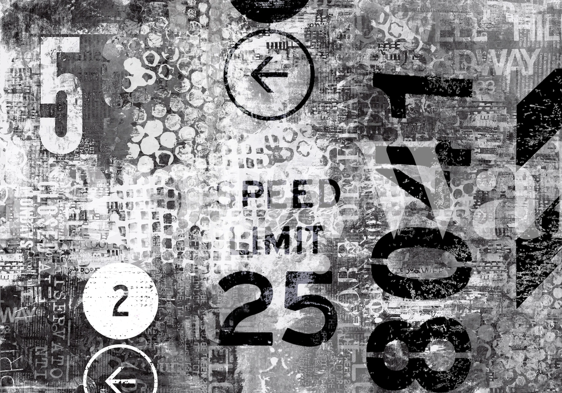 Monochromatische Grunge-Typografie-Tapete mit gemischten Symbolen und Zahlen