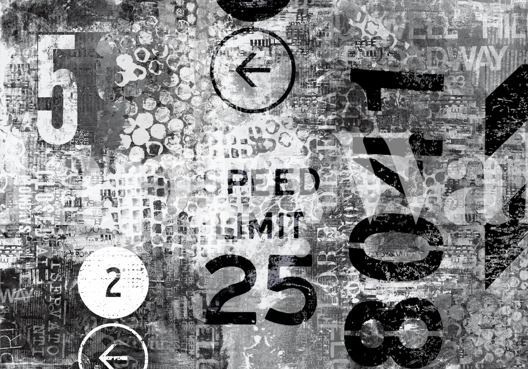 Monochromatyczna fototapeta z typografią grunge z mieszanymi symbolami i cyframi