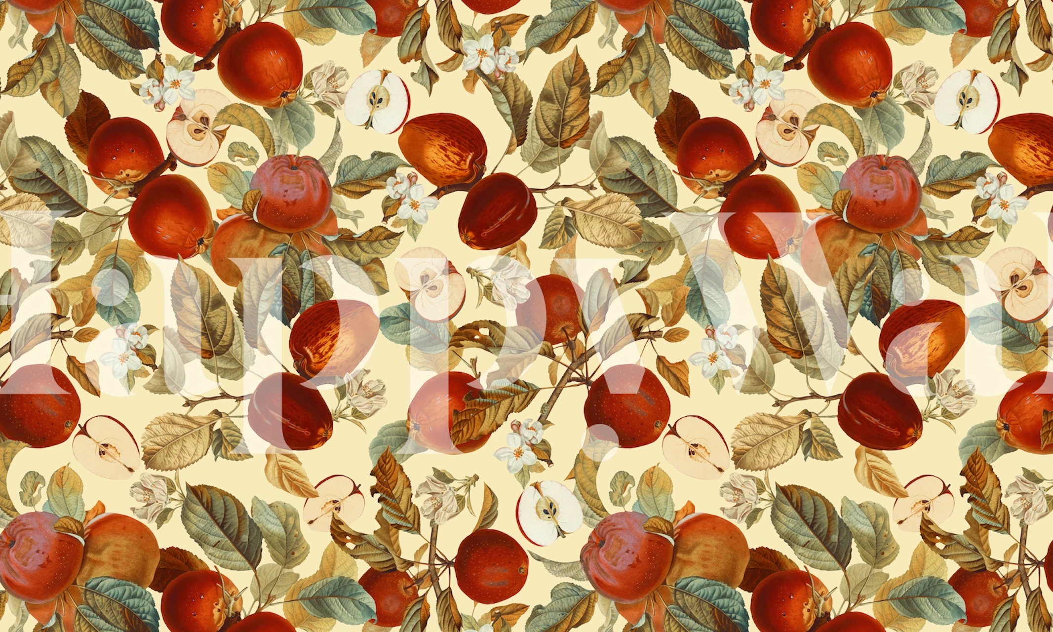 Vintage fruit and floral pattern showcasing red apples and green leaves wallpaper