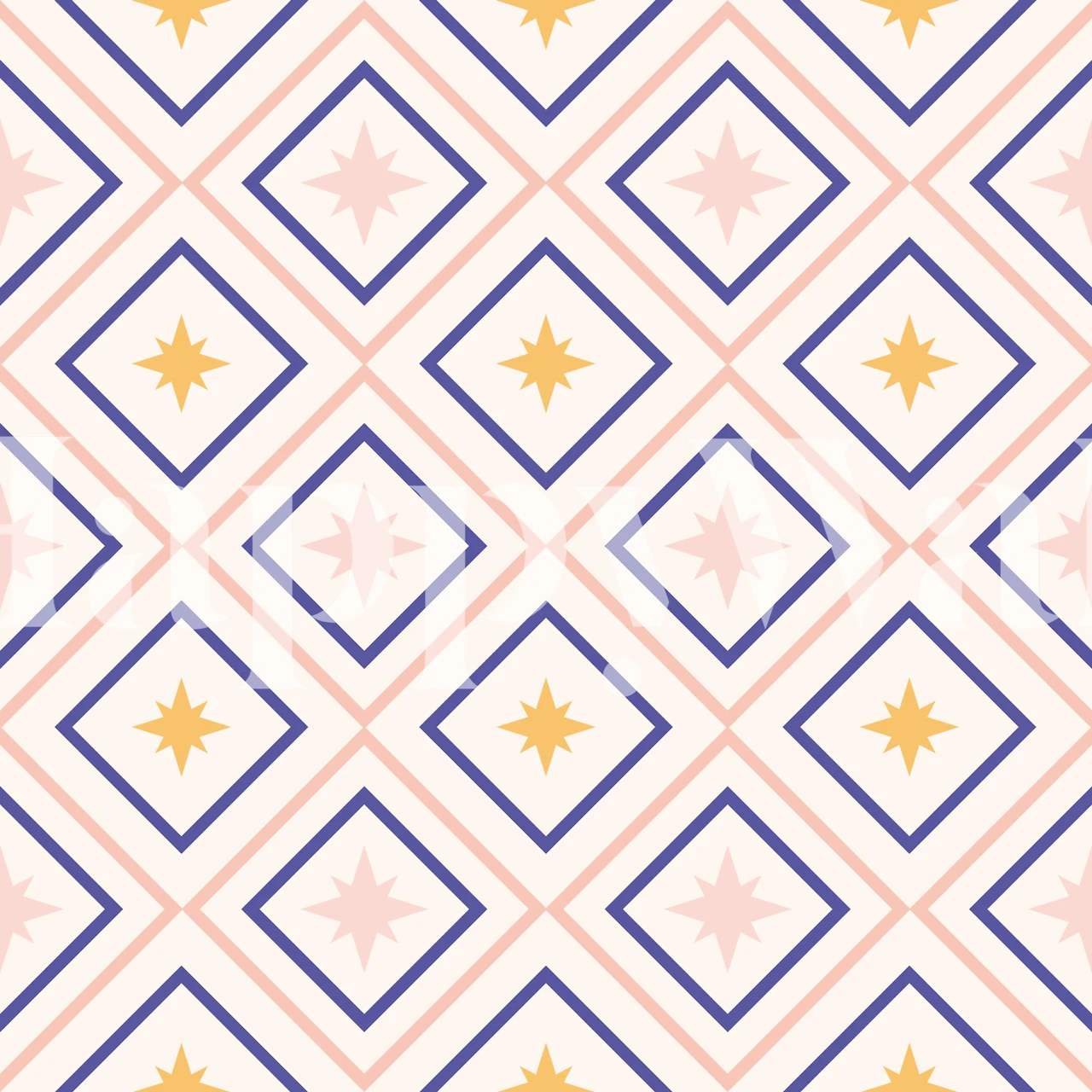 Geometric star pattern in pink, blue, and yellow tones wallpaper