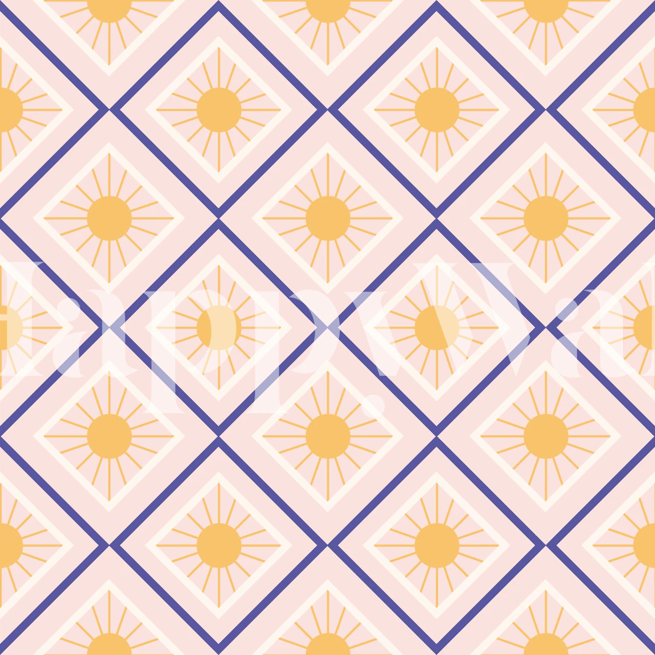 Diamond geometric pattern with sun motifs in soft pink and gold wallpaper