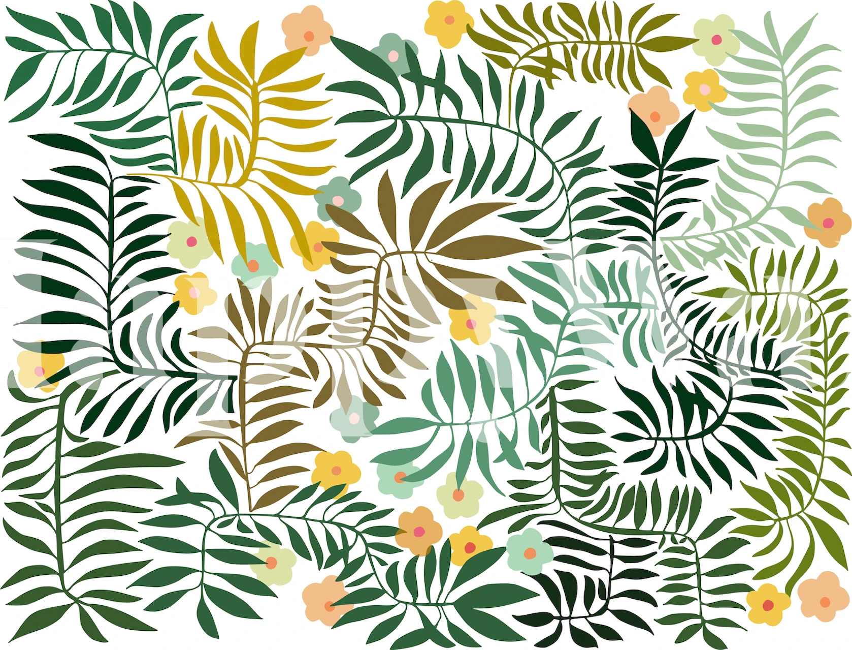 Tropical leaves with colorful flowers in green, yellow, and pink wallpaper