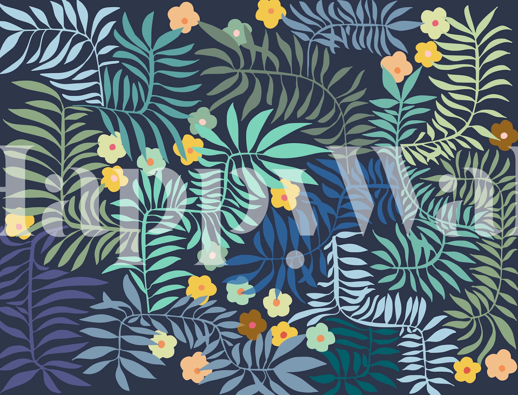 Little Palm Tree Leaves blue tapet i ett rum