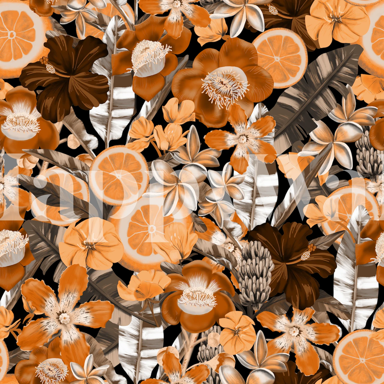 Bold floral and citrus patterns in orange and black wallpaper