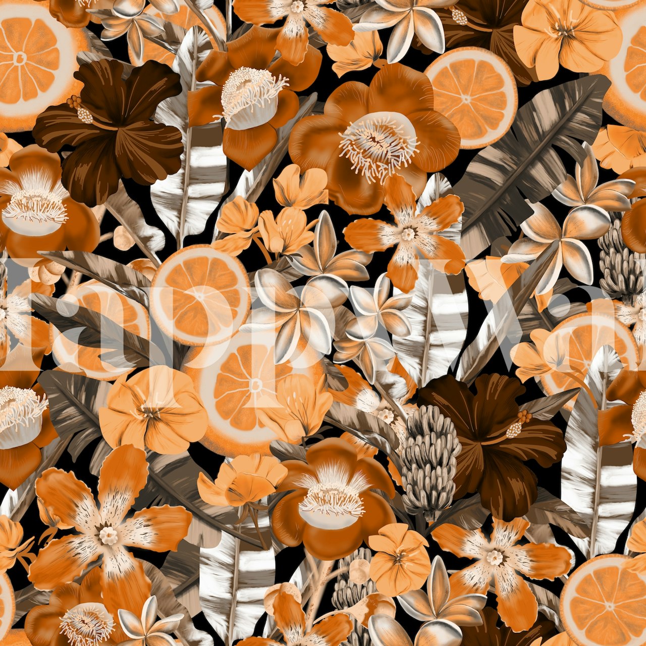 Seamless flowers and fruits wallpaper in een kamer