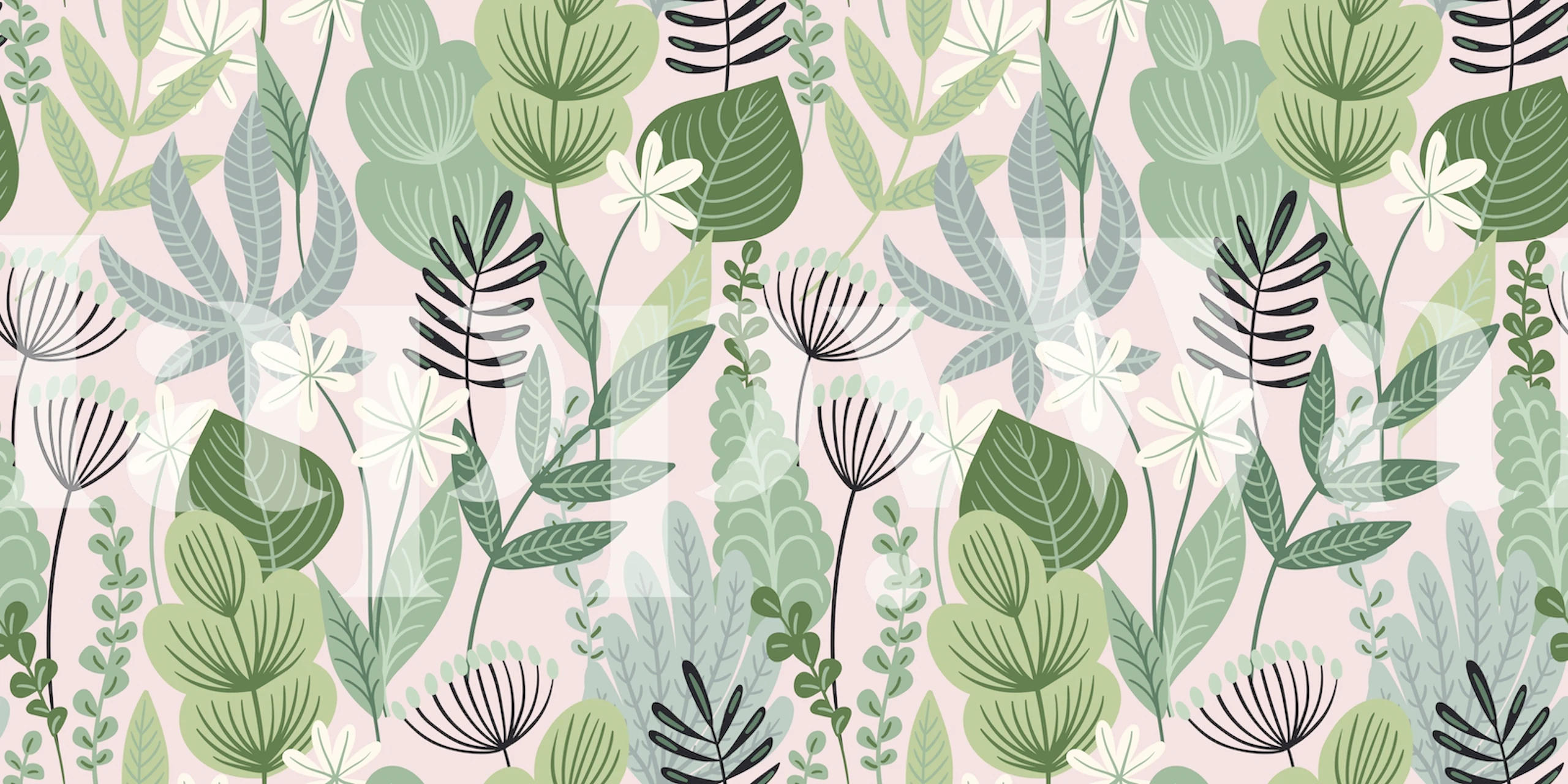 Mural de parede Jungle Blush com folhagem verde e detalhes em rosa blush