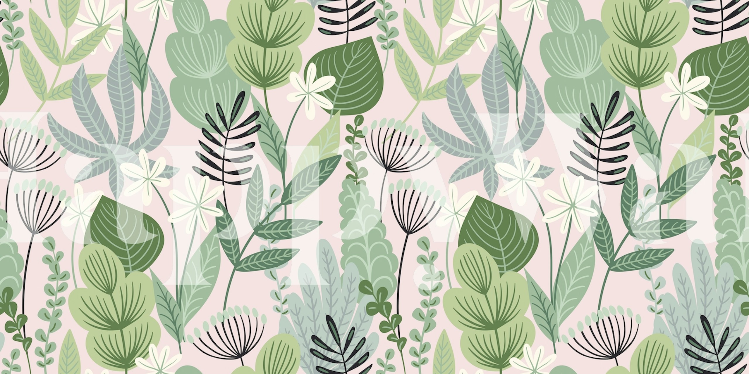 Jungle Blush wall mural with green foliage and blush pink accents