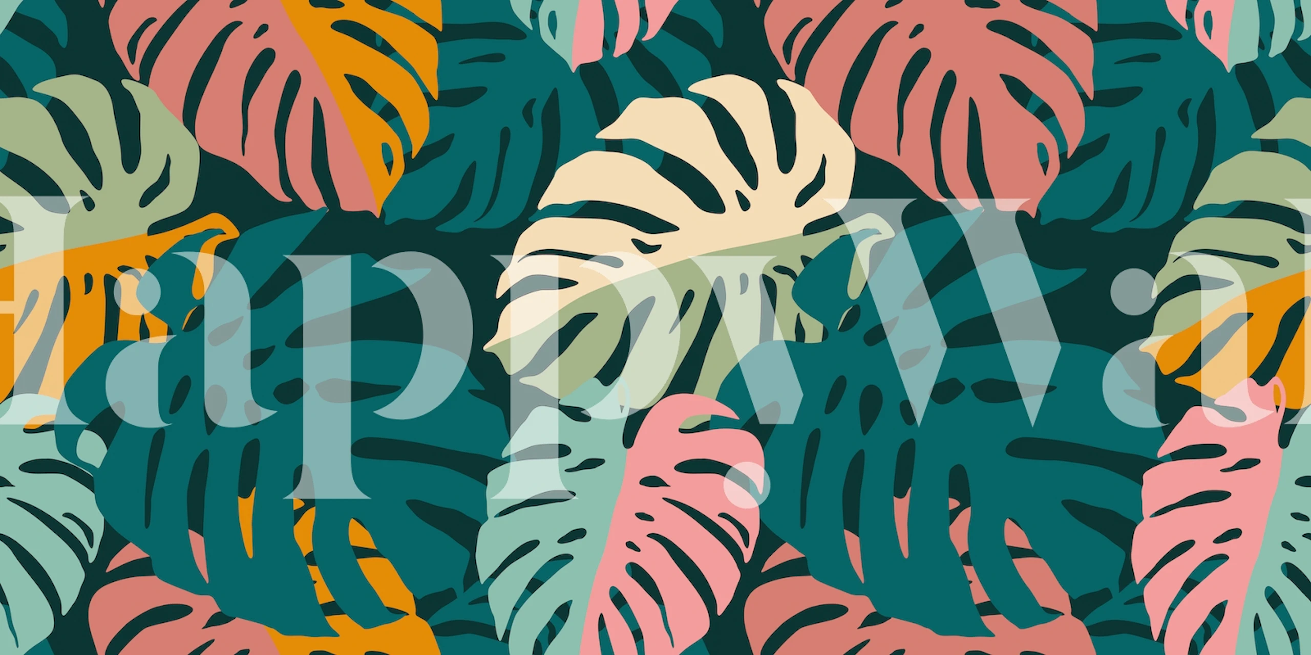 Tropical monstera leaves in green, pink, and orange colors wallpaper