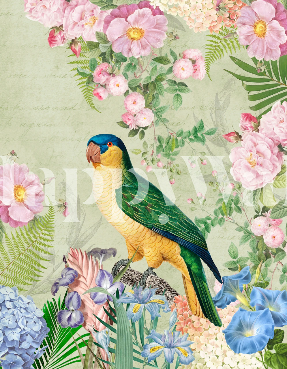 Tropical bird among colorful flowers and leaves wallpaper