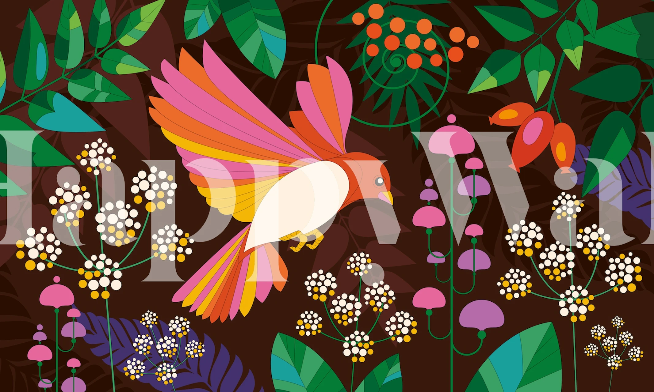 Wall mural of a stylized red bird in a dark, richly colored forest with varied flora