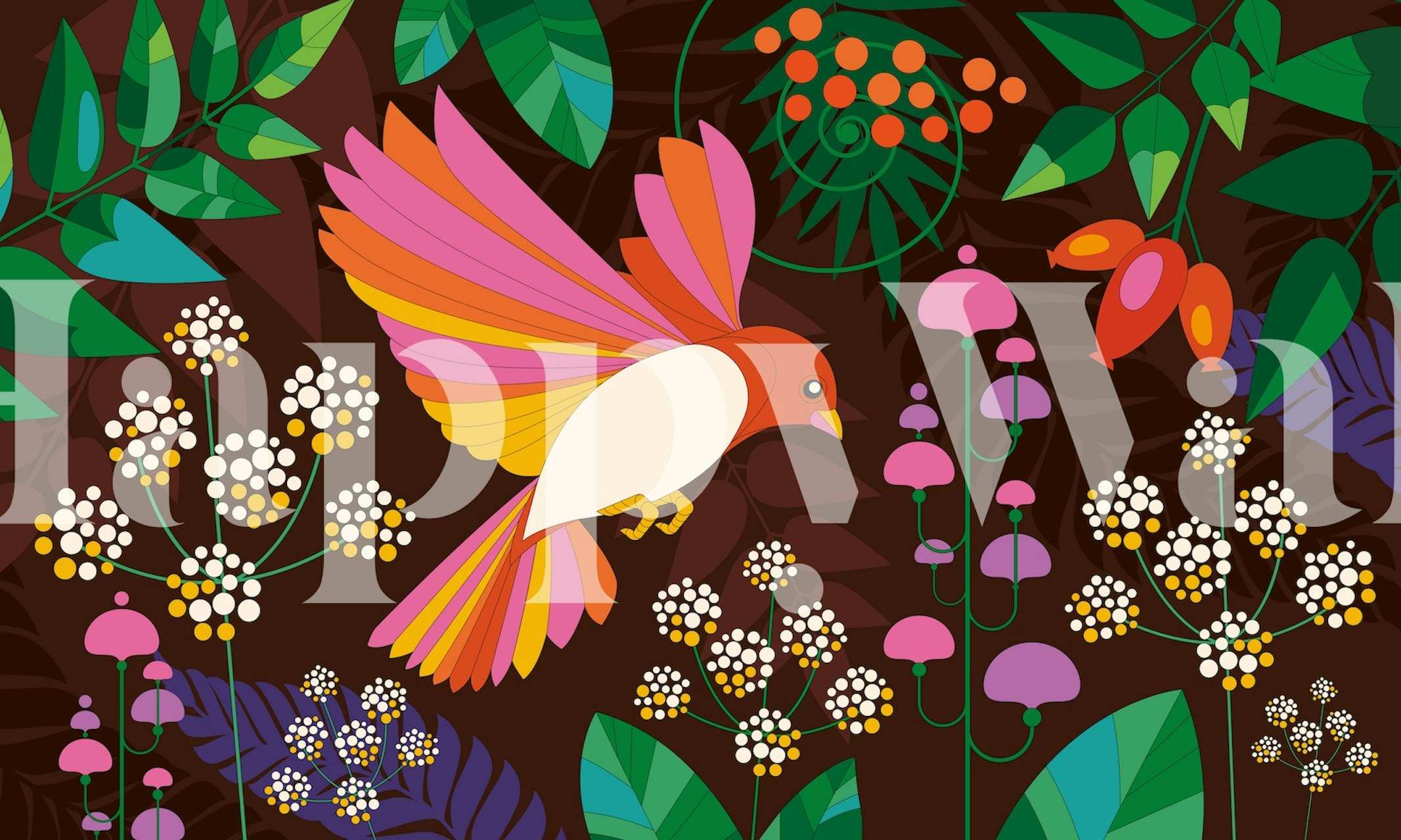 Wall mural of a stylized red bird in a dark, richly colored forest with varied flora