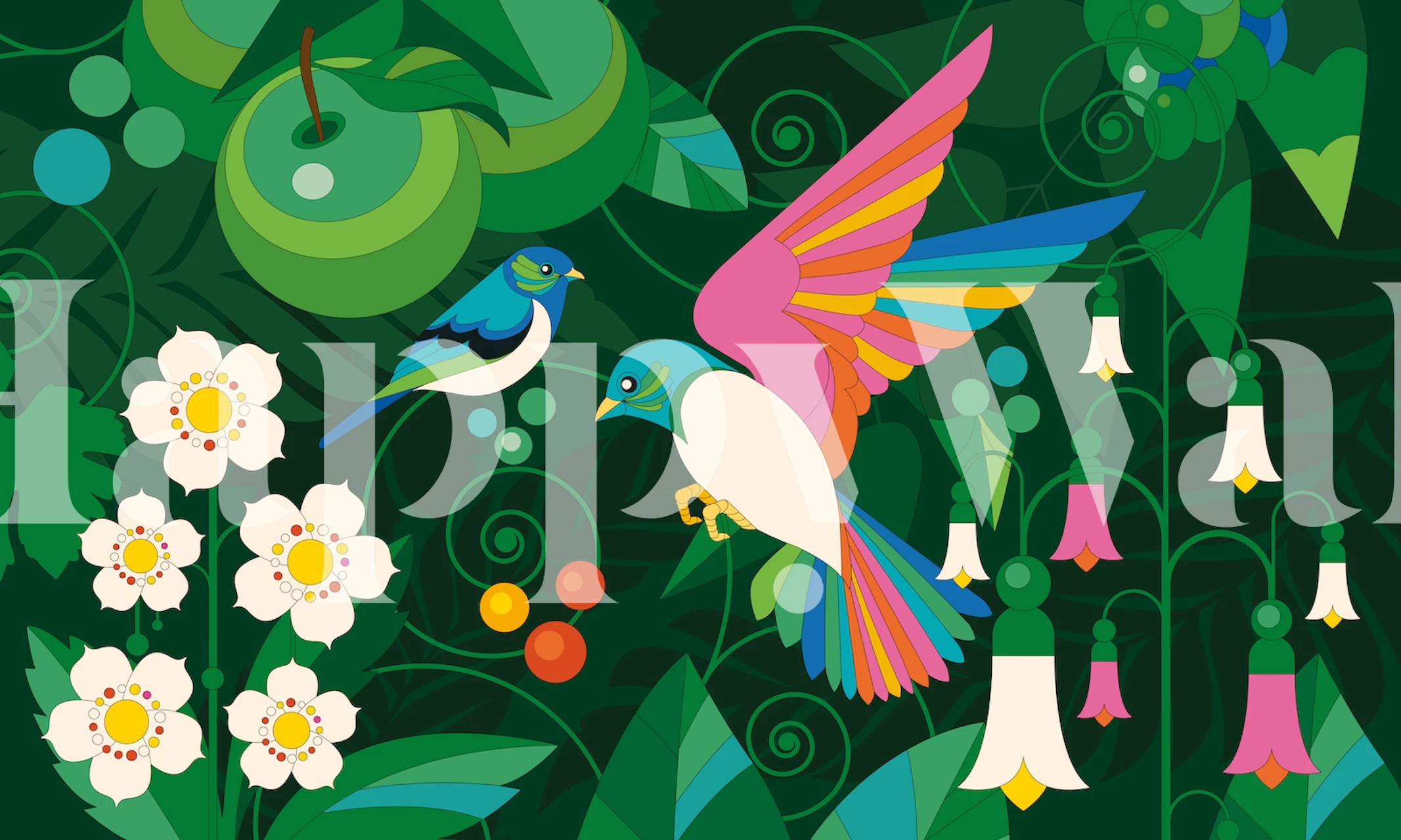 Two colorful birds amidst green leaves and white flowers wallpaper