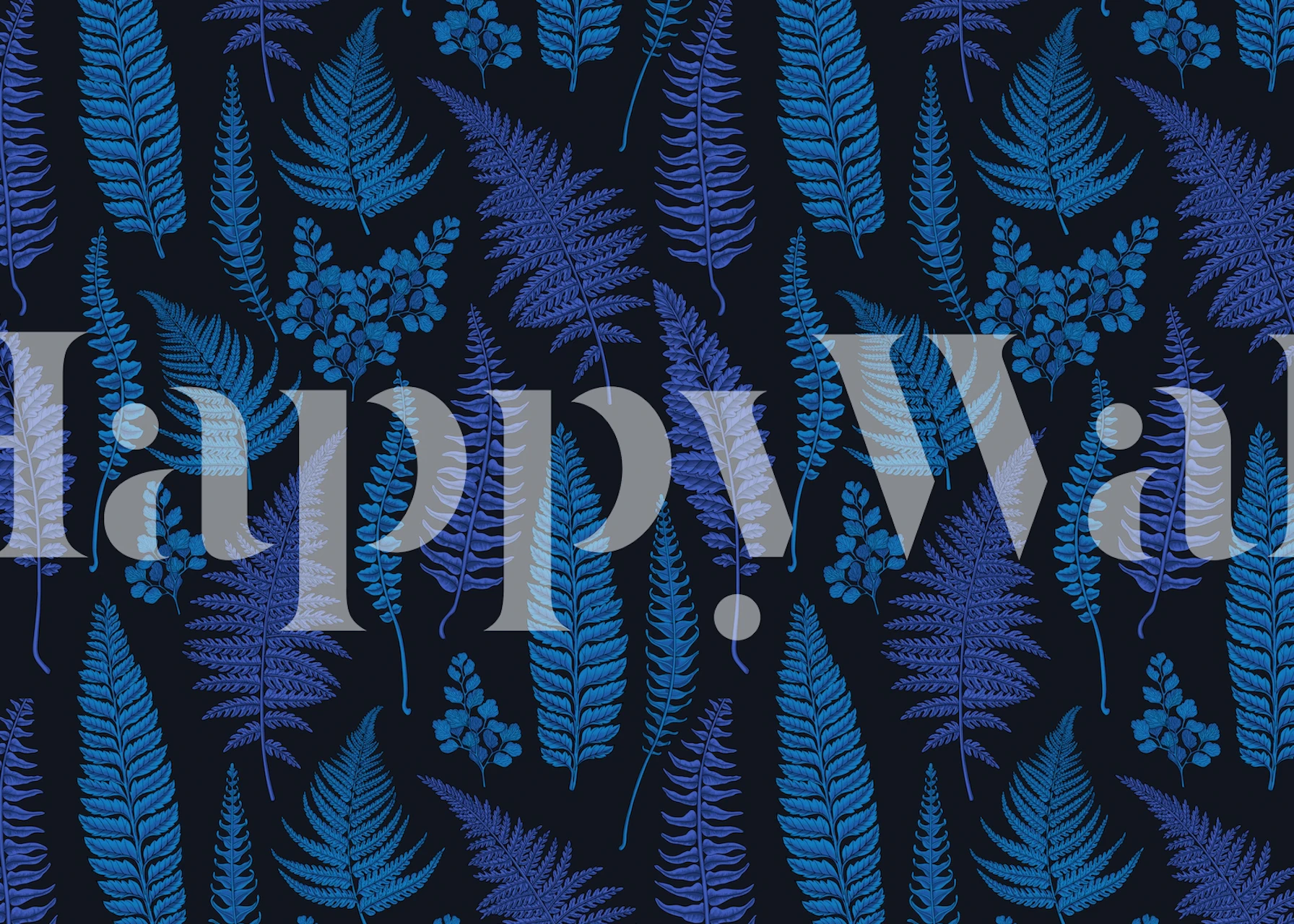 Het blauwe varenbladerenpatroon op een zwarte achtergrondmuurschildering