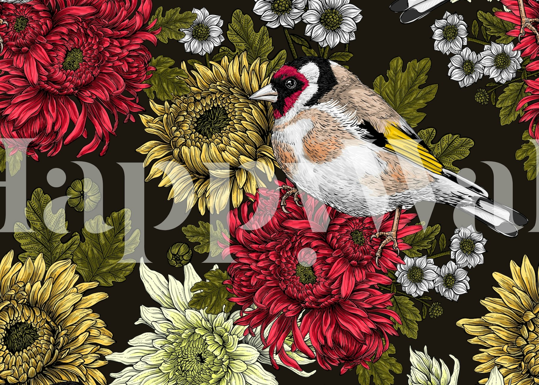 Goldfinch na jasnych tapetach chrysanthemums